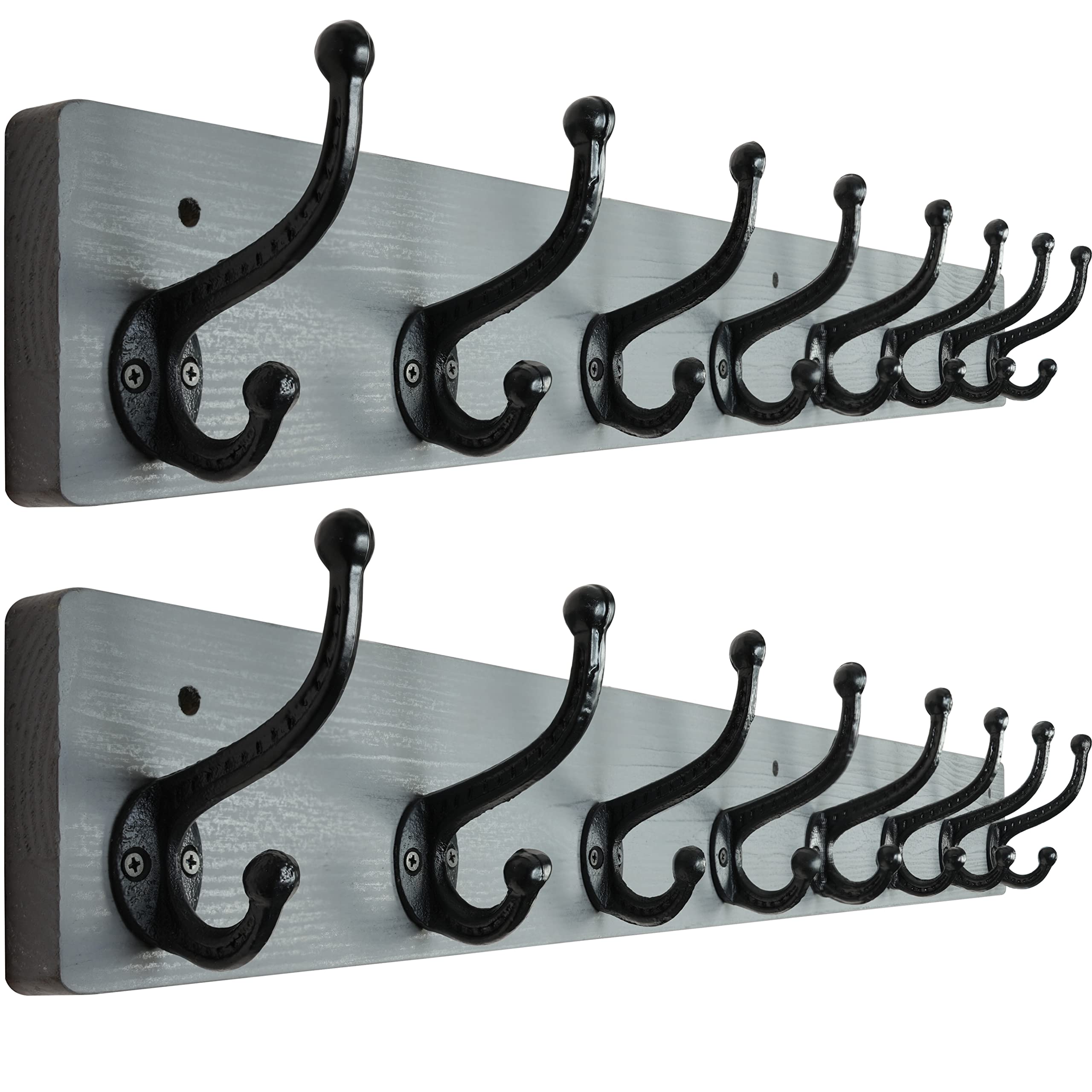WEBI Rustic Solid Wood Wall Mount Coat Rack with 8 Cast Iron Hooks, Grey