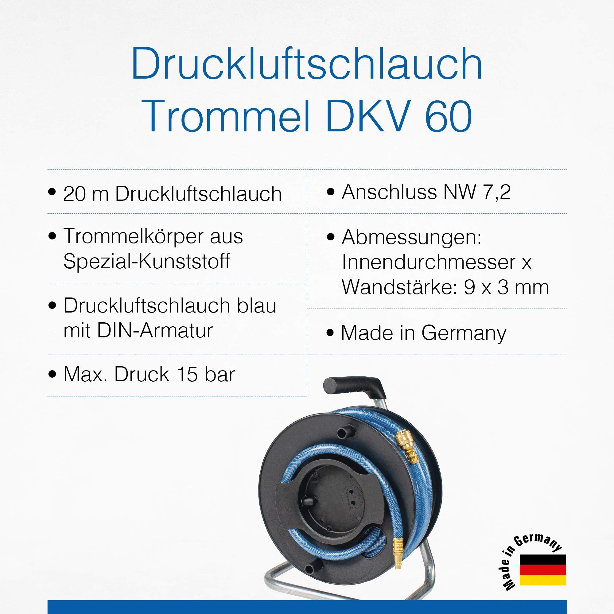 As Schwabe DKV60 Compressed Air Hose Drum – 20m Hose with NW 7.2