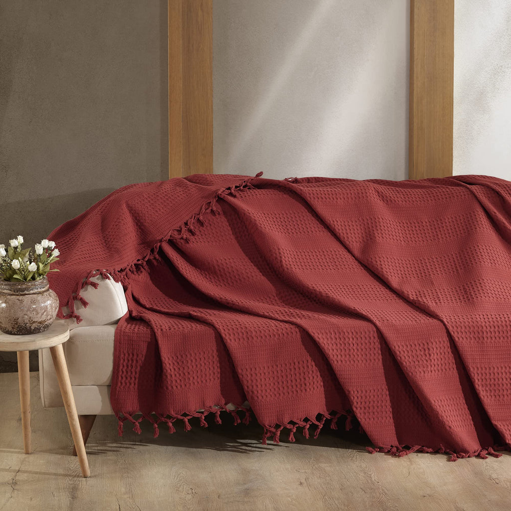 Milam London Burgundy Cotton Waffle Throw Blanket | King Size Bedspread