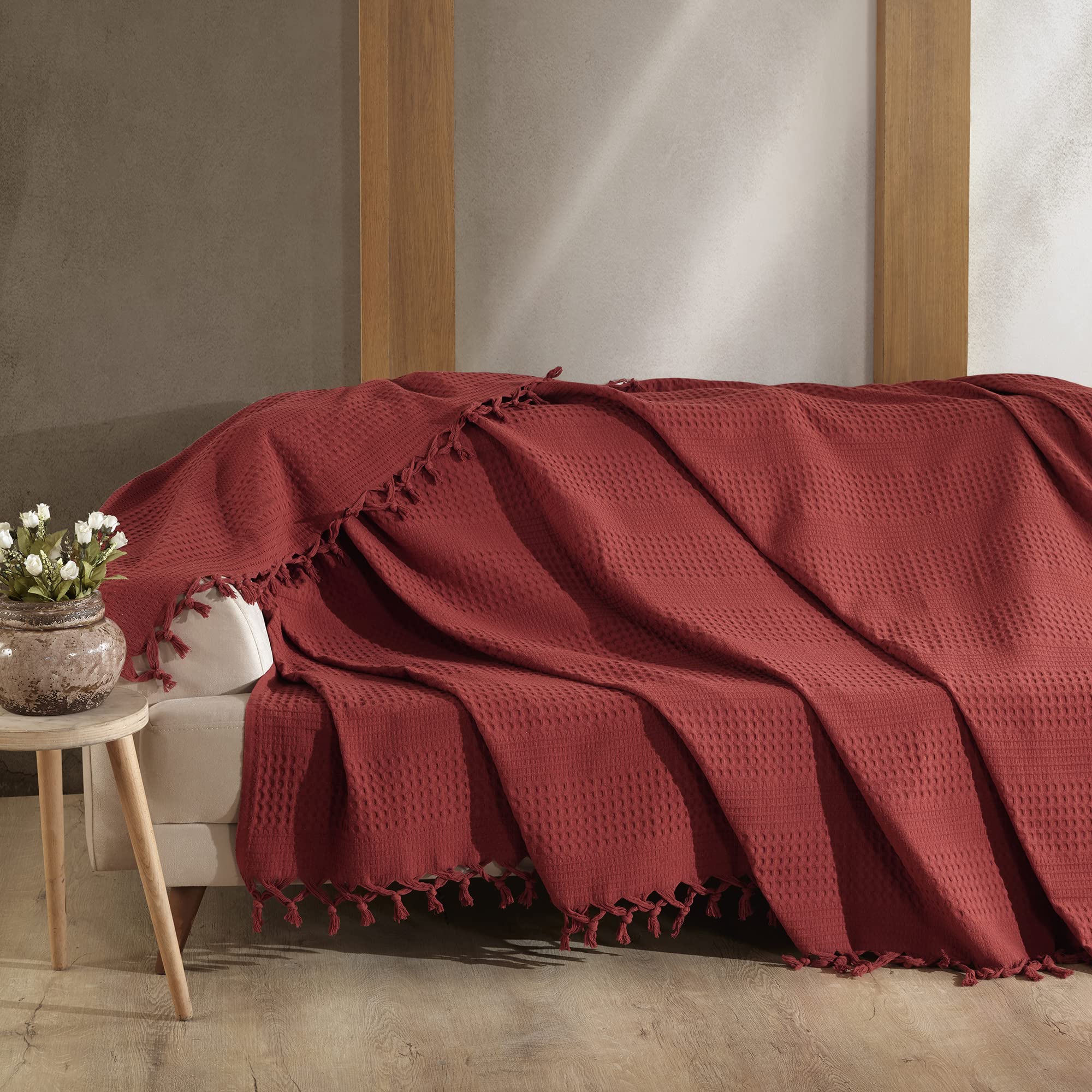 Milam London Burgundy Cotton Waffle Throw Blanket | King Size Bedspread