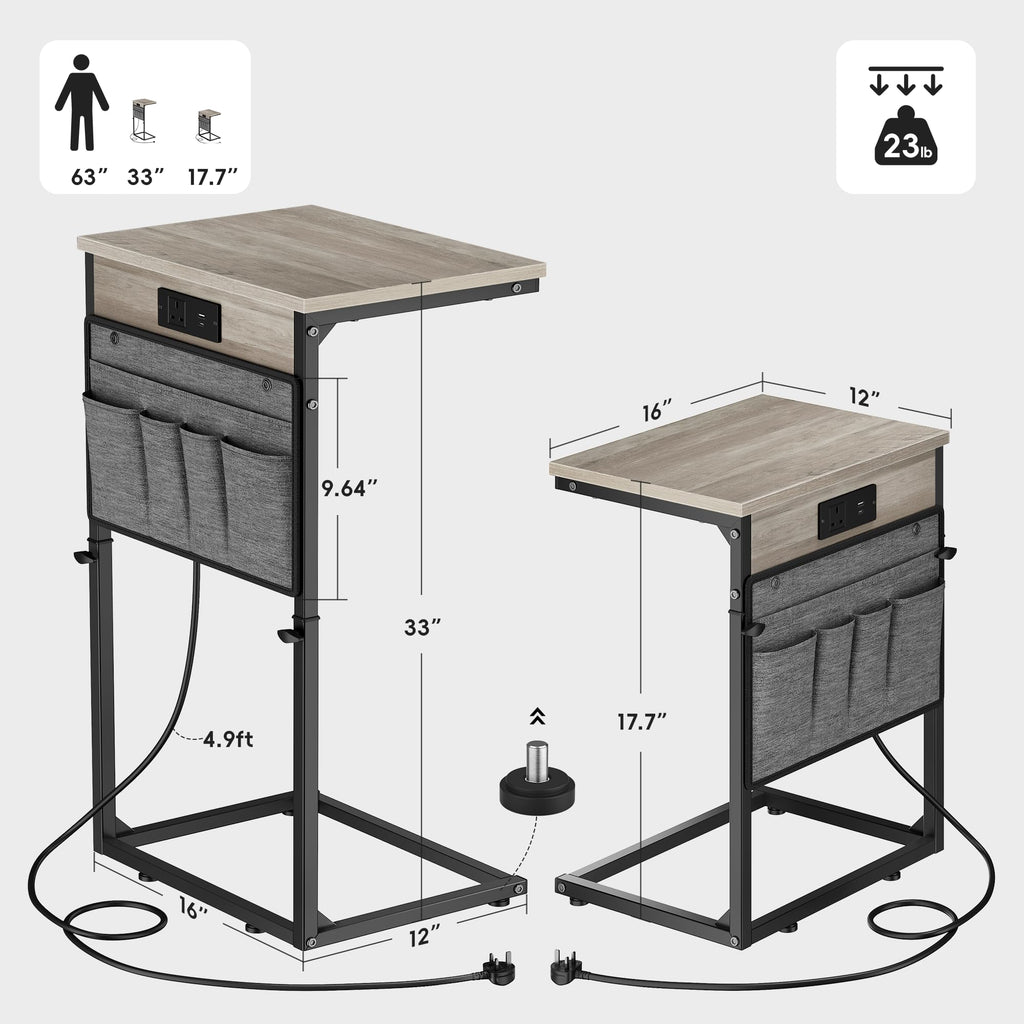 Vagusicc C-Shaped Side Table with Charging Station, Height Adjustable Sofa Side Table, Bedside Table, End Table for Small Spaces - image 3