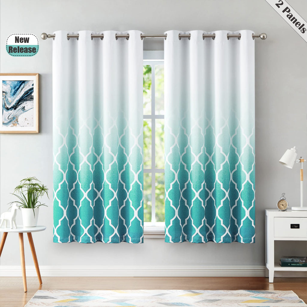 Beauoop Teal Ombre Blackout Curtains – Geometric Thermal Eyelet Drapes
