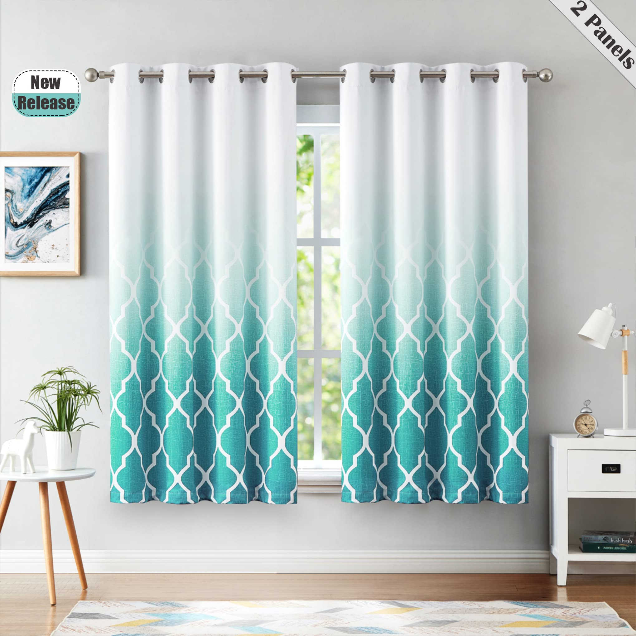 Beauoop Teal Ombre Blackout Curtains – Geometric Thermal Eyelet Drapes
