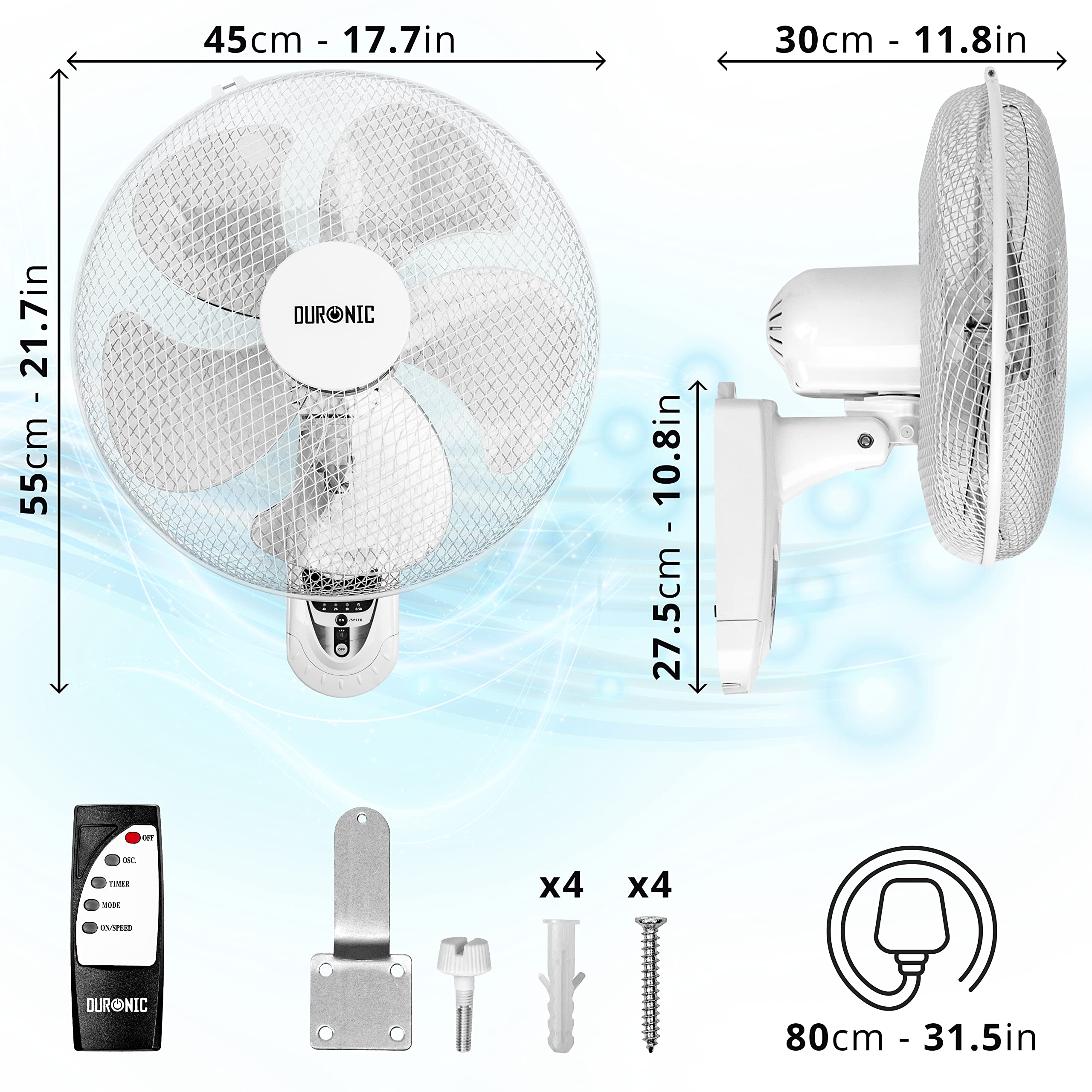 Duronic FN55 Wall Fan | 16" Oscillating 5-Blade Fan with Remote & Timer