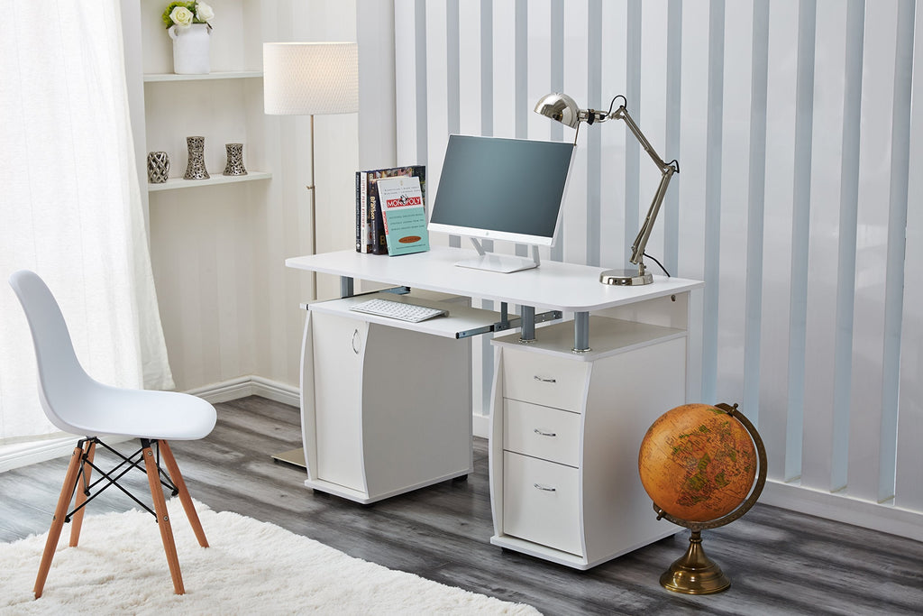 RayGar White Deluxe Design Computer Desk with Cabinet and 3 Drawers for Home Office Table Workstation - New White - image 4