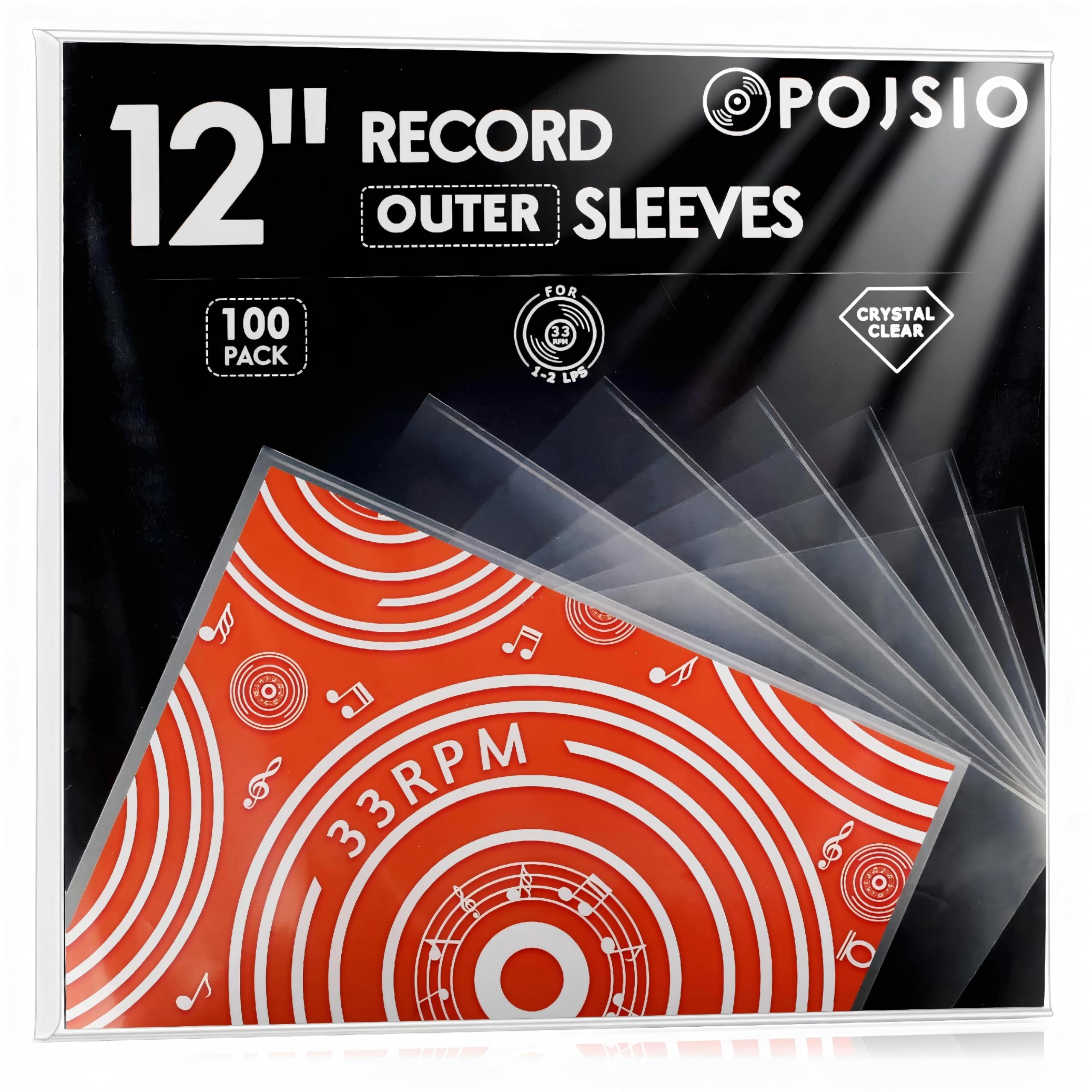 POJSIO 12 Inch Vinyl Record Sleeves | 100 Pack Clear 3 Mil Outer Covers