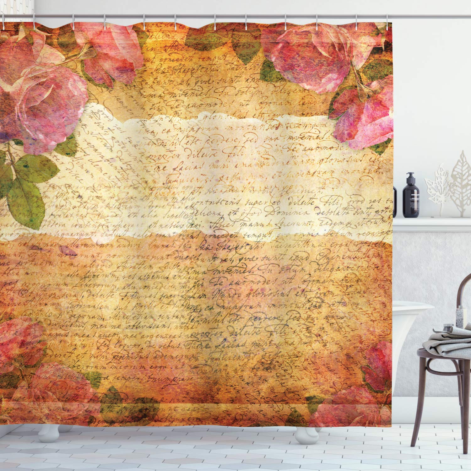ABAKUHAUS Rose Floral Shower Curtain – Vintage Fabric Bathroom Decor Set