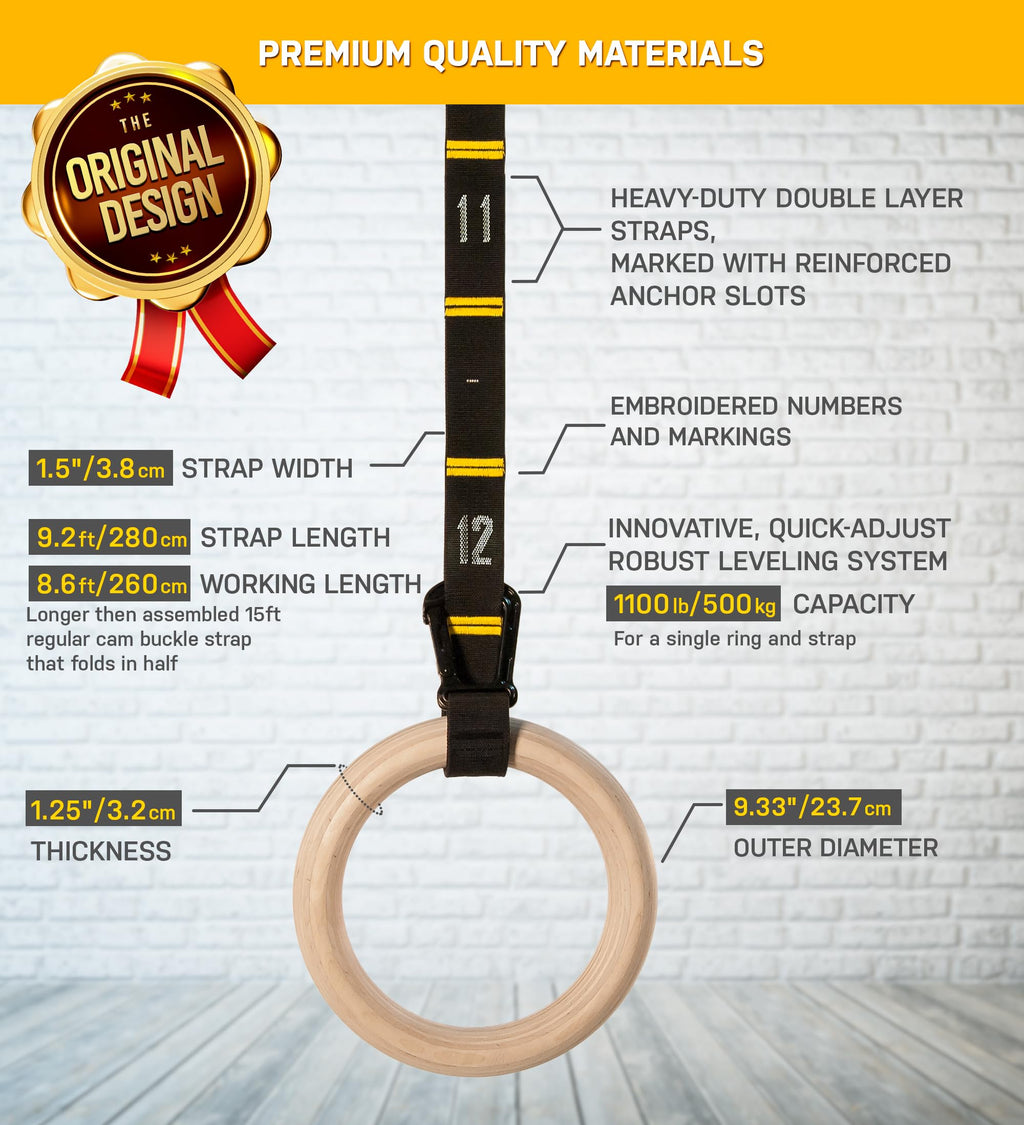 Double Circle Wood Gymnastic Rings | 1.25" Rings with Numbered Straps