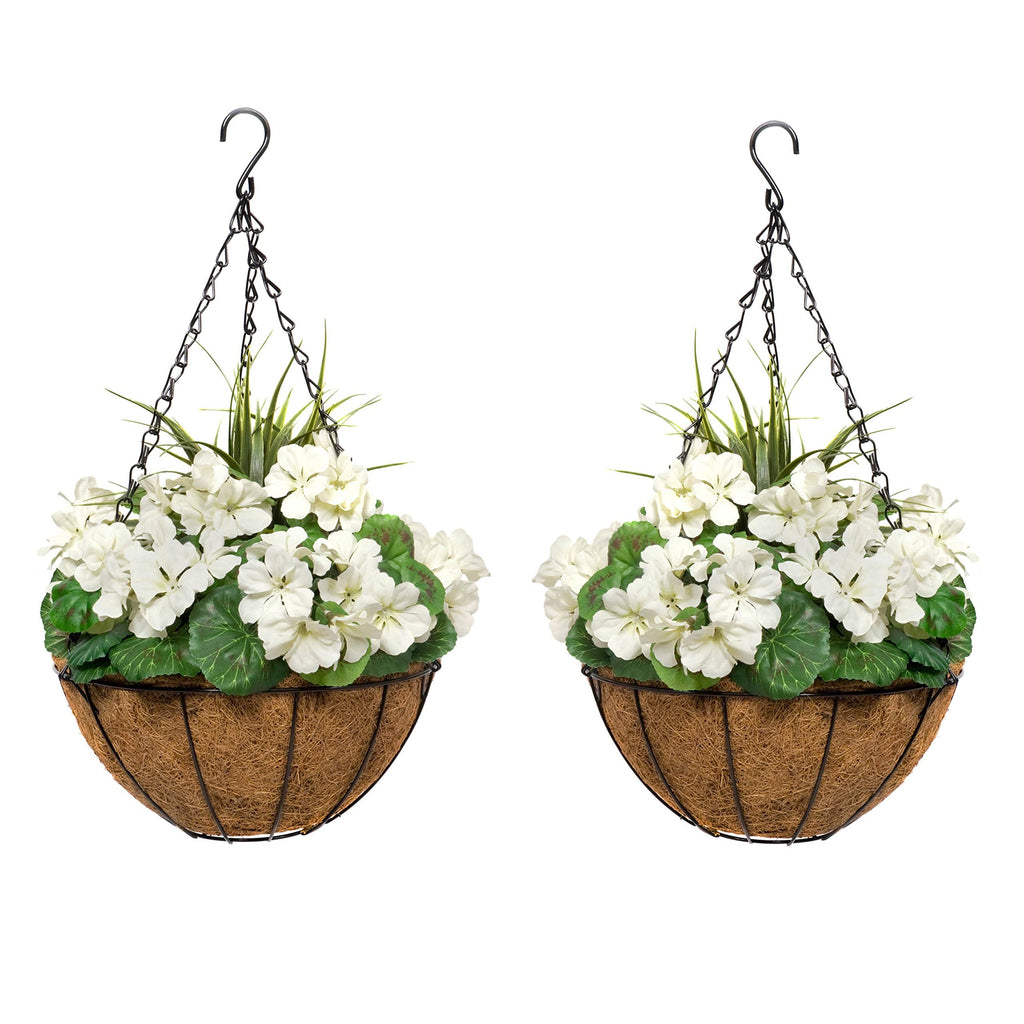 GreenBrokers Artificial White Geranium Hanging Coir Baskets – Set of 2