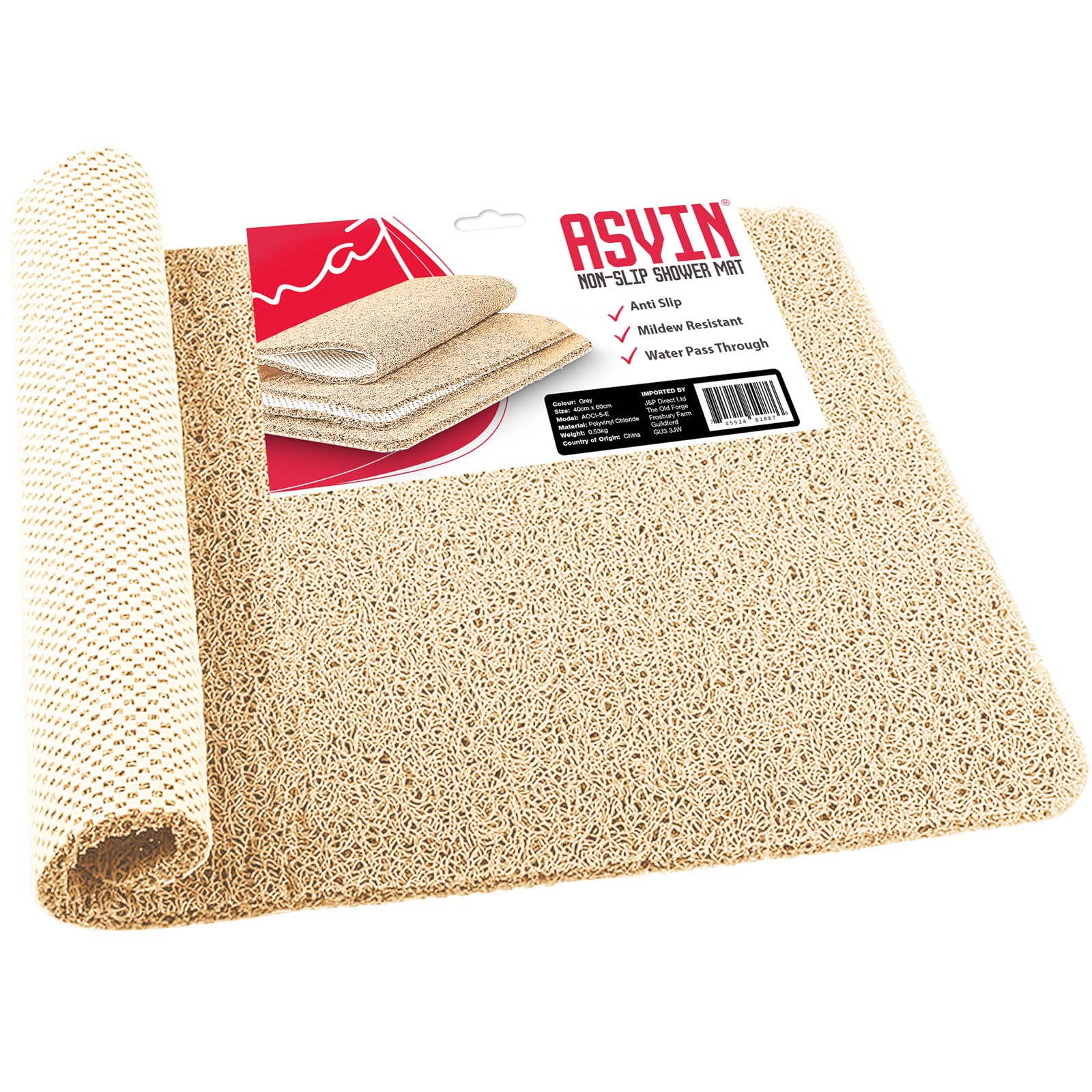 Asvin Non-Slip Loofah Shower Mat – Soft Textured Beige PVC, 24x16 Inch
