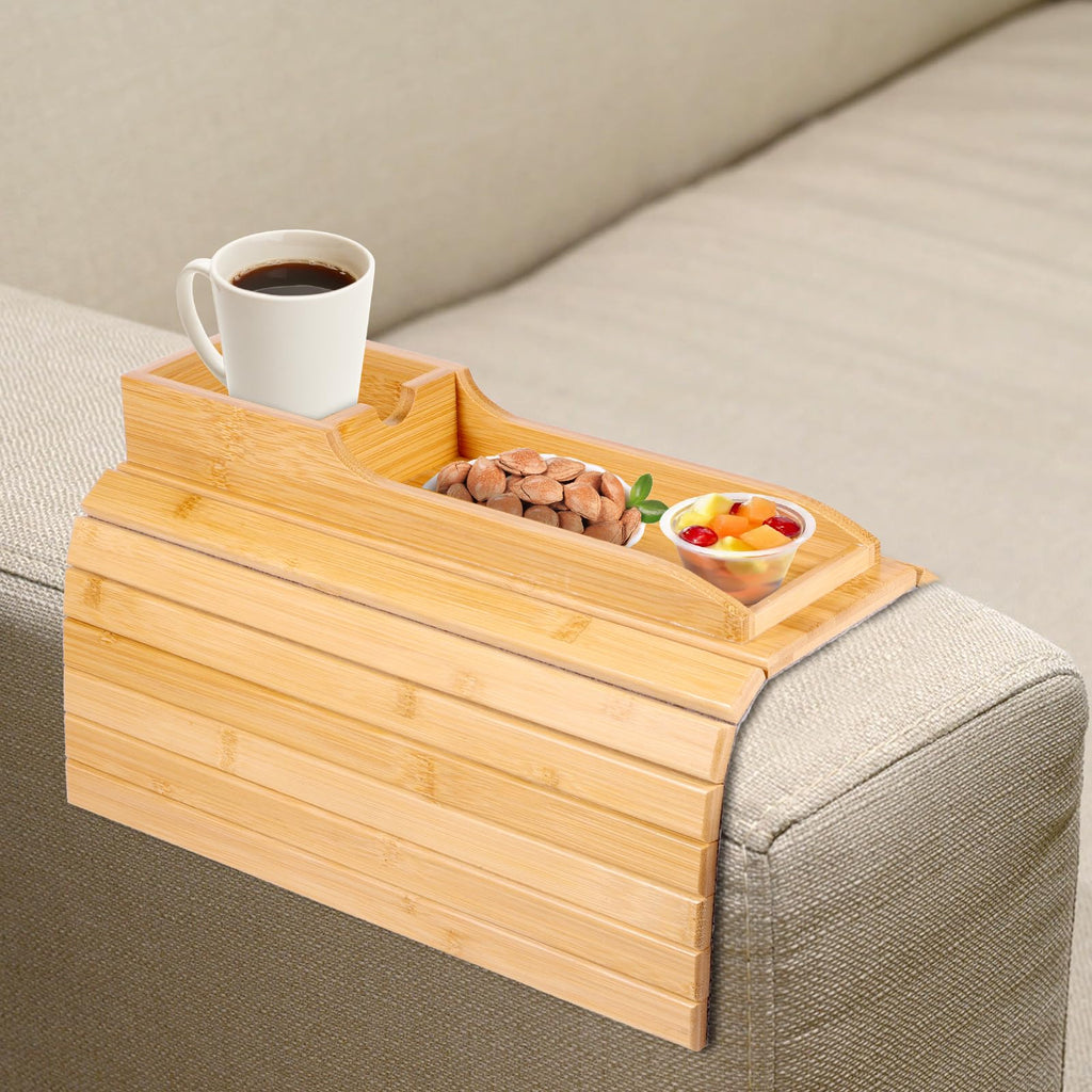 Foldable Sofa Arm Tray Table - Natural Pine Wood Side Table, Armrest Clip Tray, Waterproof Couch Organizer, Drink Snack Remote Control Holder D