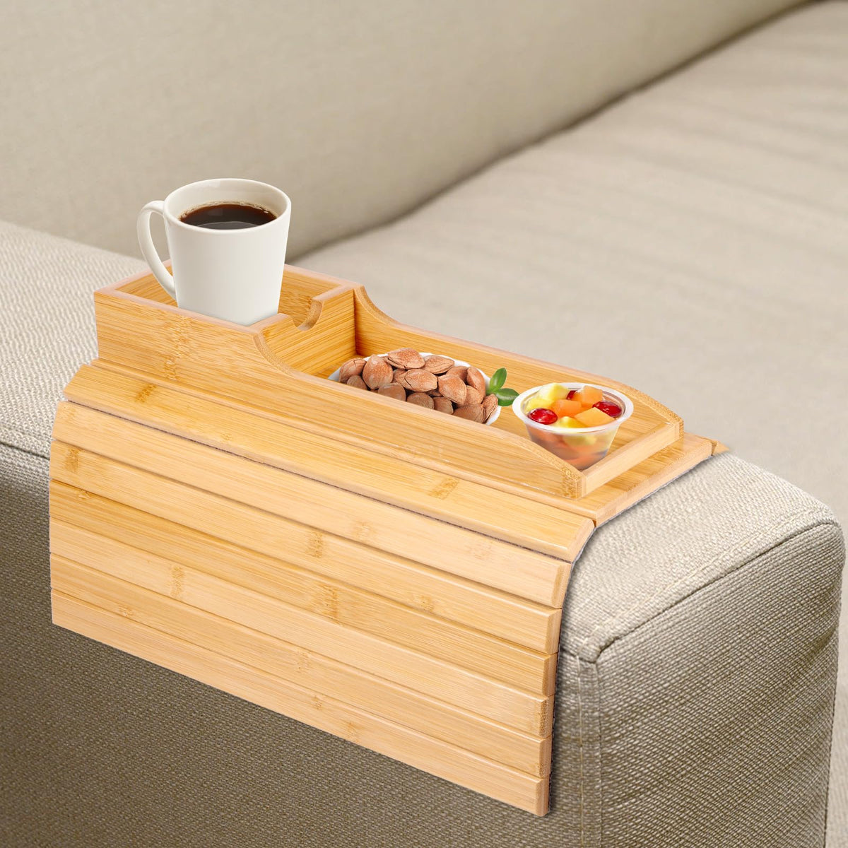 Foldable Sofa Arm Tray Table - Natural Pine Wood Side Table, Armrest Clip Tray, Waterproof Couch Organizer, Drink Snack Remote Control Holder D