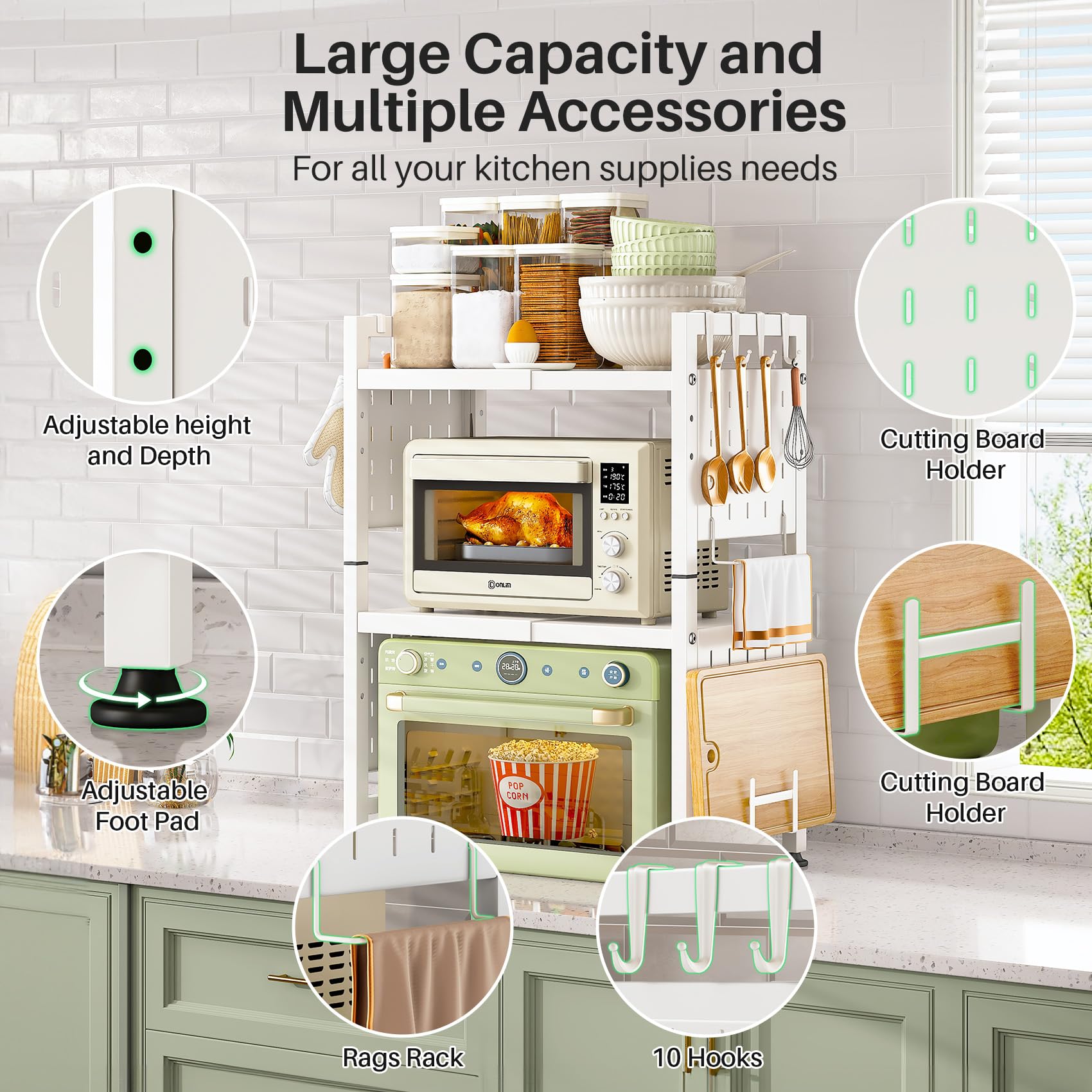 SAYZH 3-Tier Expandable Microwave Shelf | White Metal Kitchen Organizer