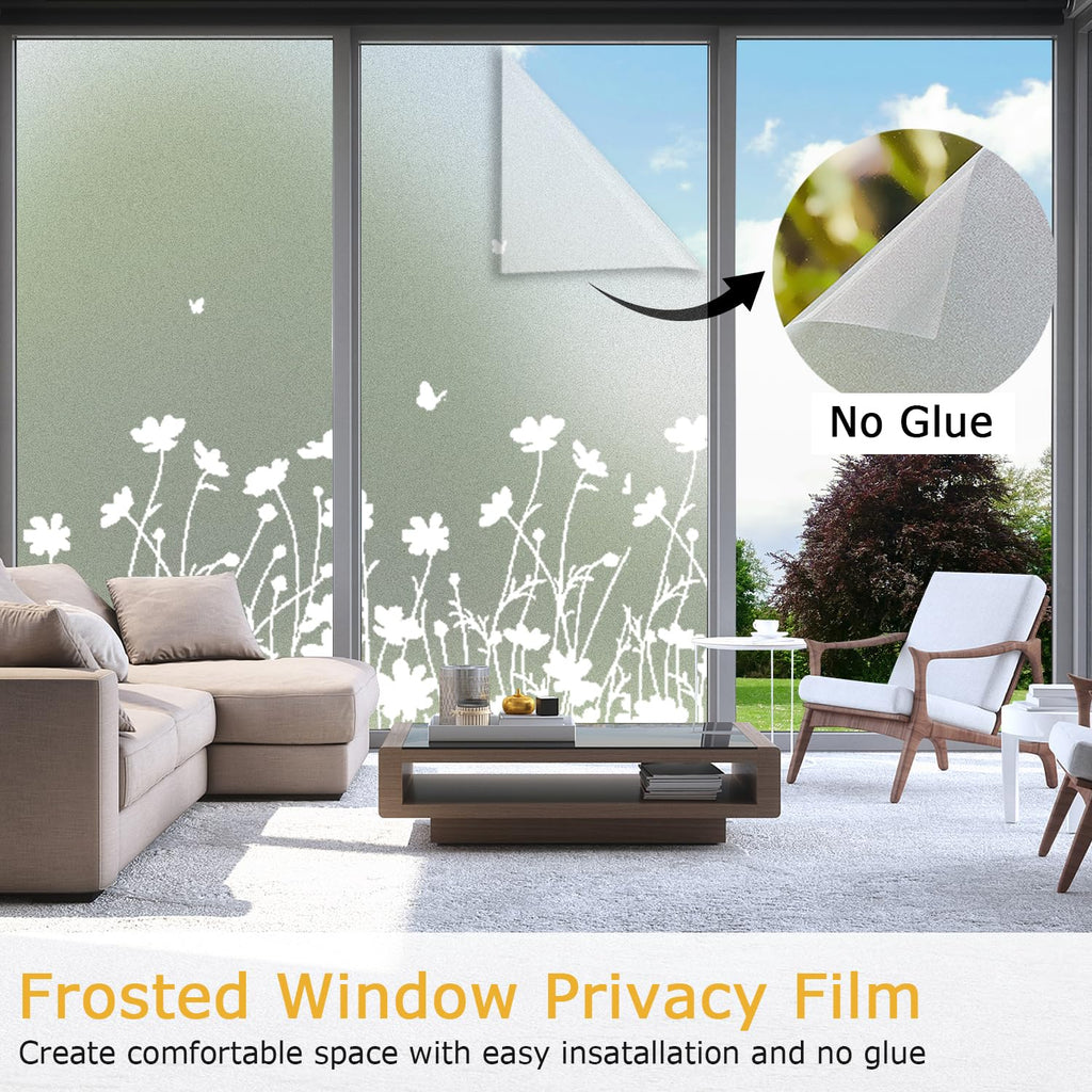 Linarun Frosted Window Privacy Film | Floral Static Cling Tint | 90x400 cm