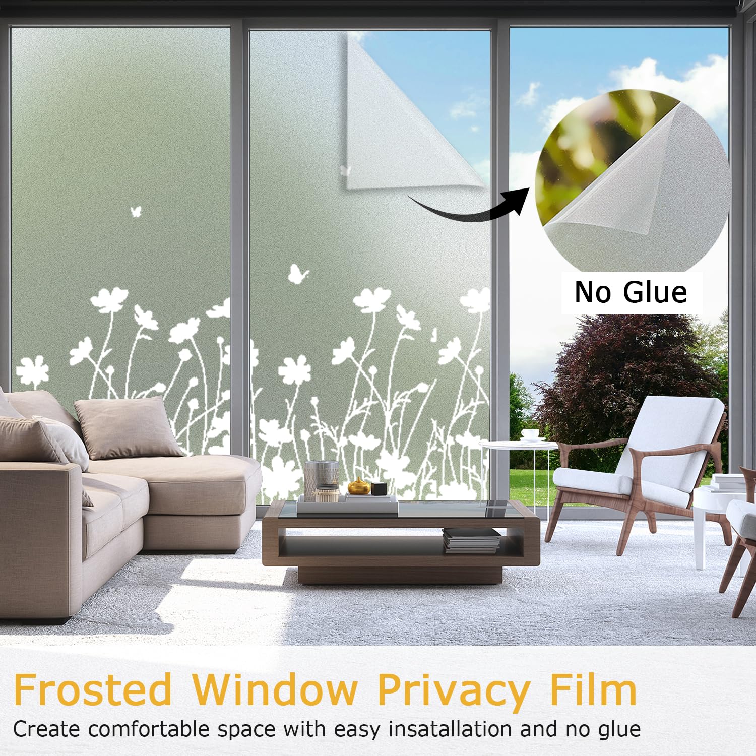Linarun Frosted Window Privacy Film | Floral Static Cling Tint | 90x400 cm