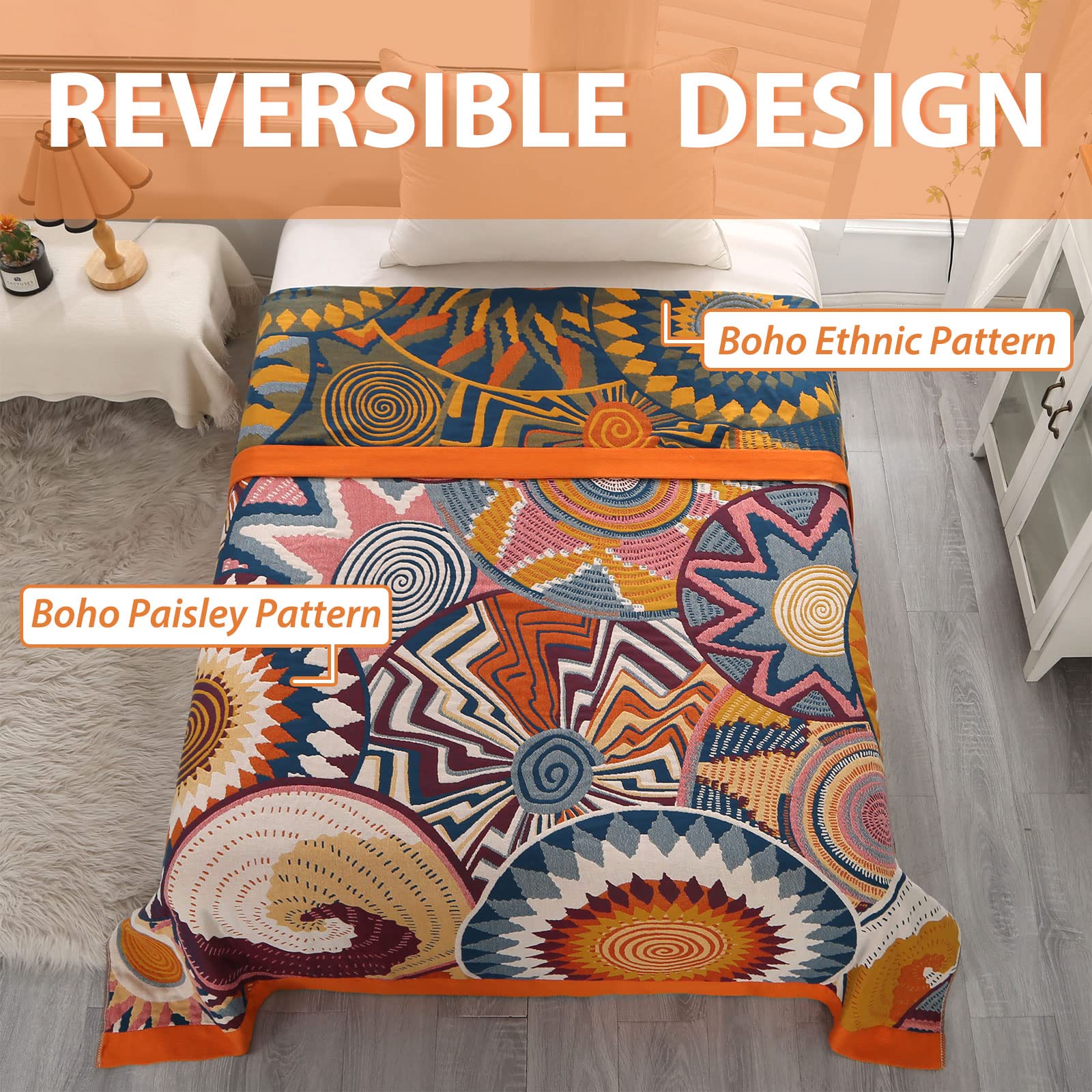 DECMAY Boho Throw Blanket | Large Organic Cotton Ethnic Sofa Cover