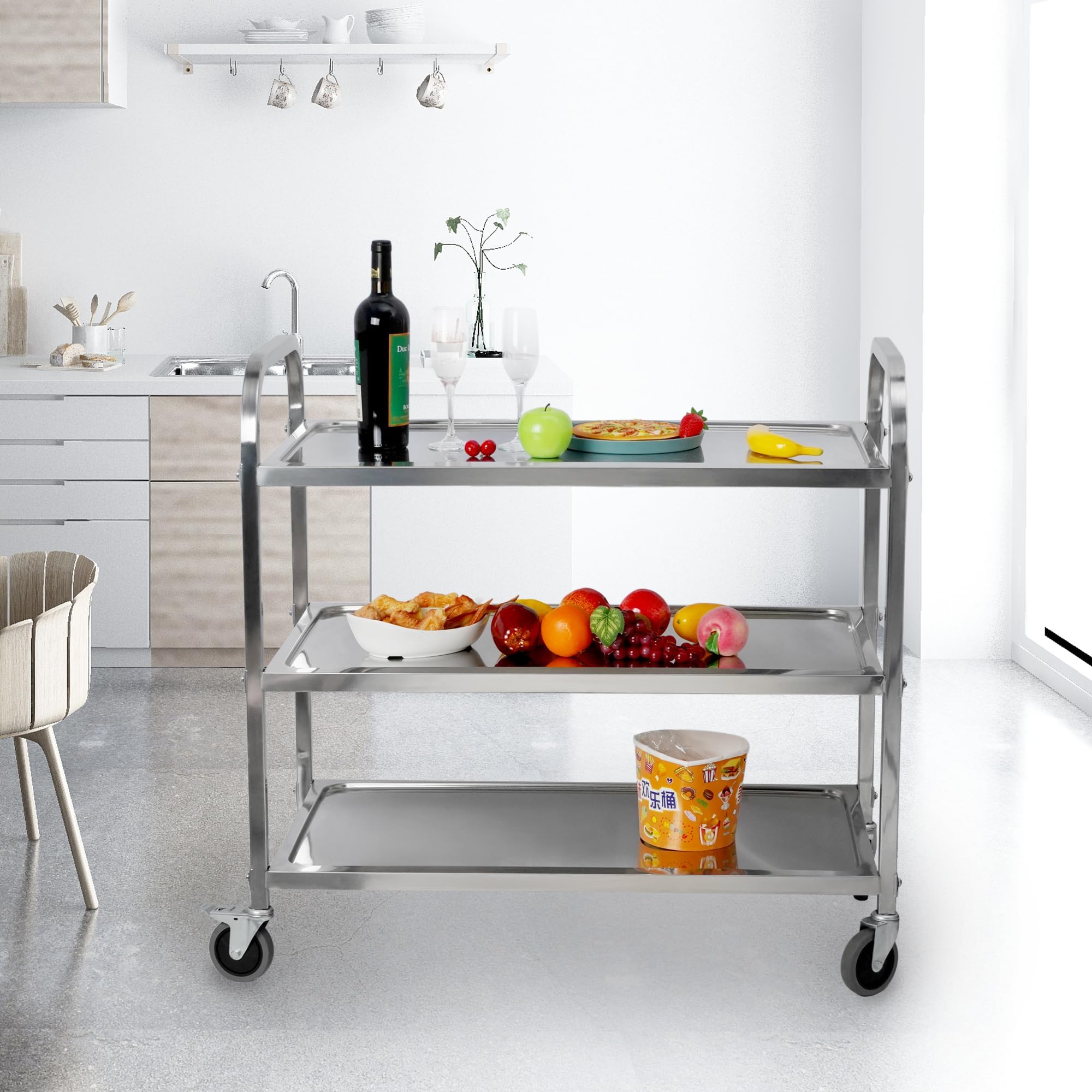 uyoyous 3-Tier Stainless Steel Serving Trolley with Brakes - 220lb Capacity
