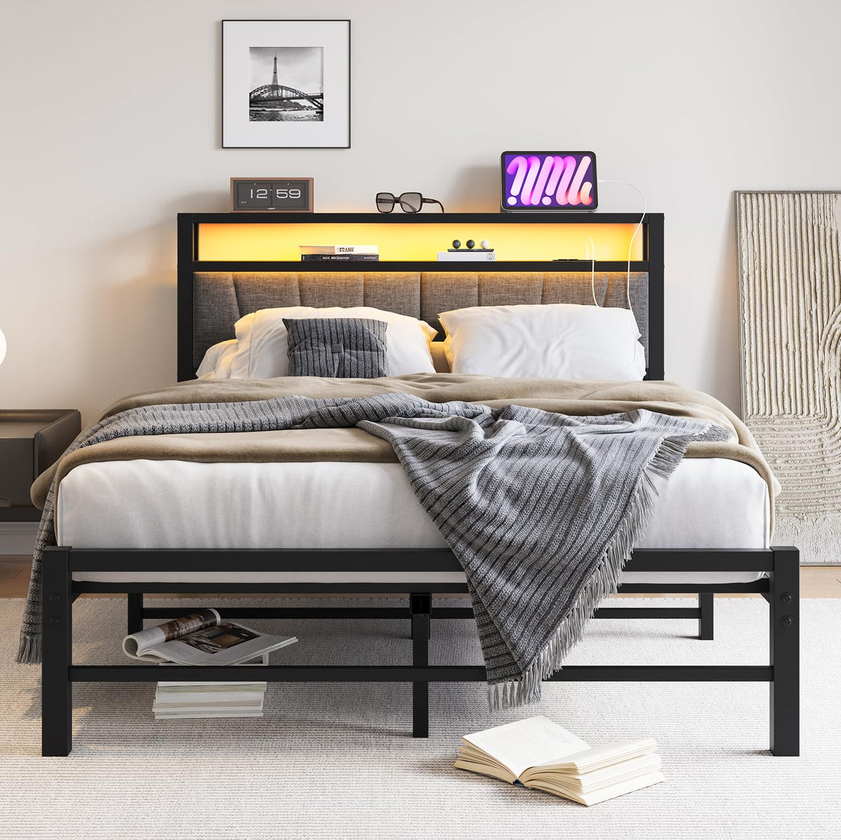BORPHOM Double Bed Frame with Storage and LED Lights,4ft6 Metal Platform Bed Frame Double Size Bed Base with Charging Station,Mattress Base,Strong - image 1