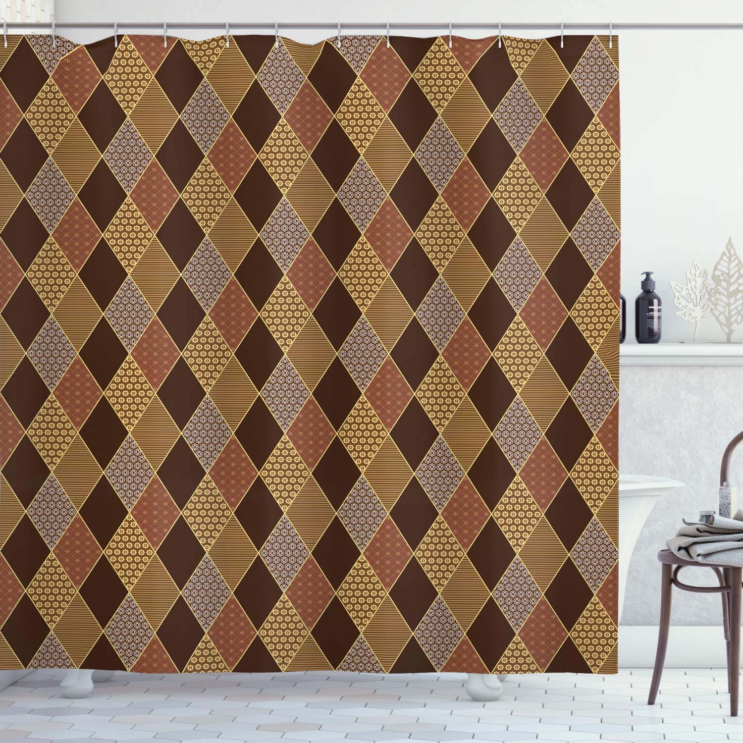 ABAKUHAUS Brown Shower Curtain – Floral Patchwork Waterproof Fabric Set