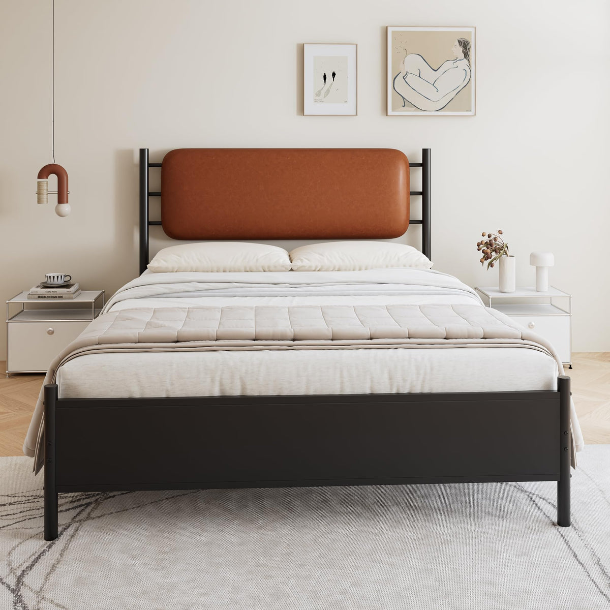 Merax 4ft6 Double Metal Bed with PU Upholstered Headboard – Wrought Iron Frame, 135x190cm, Durable & Sturdy, Comfortable Youth Bed for Teens & Adults - image 3