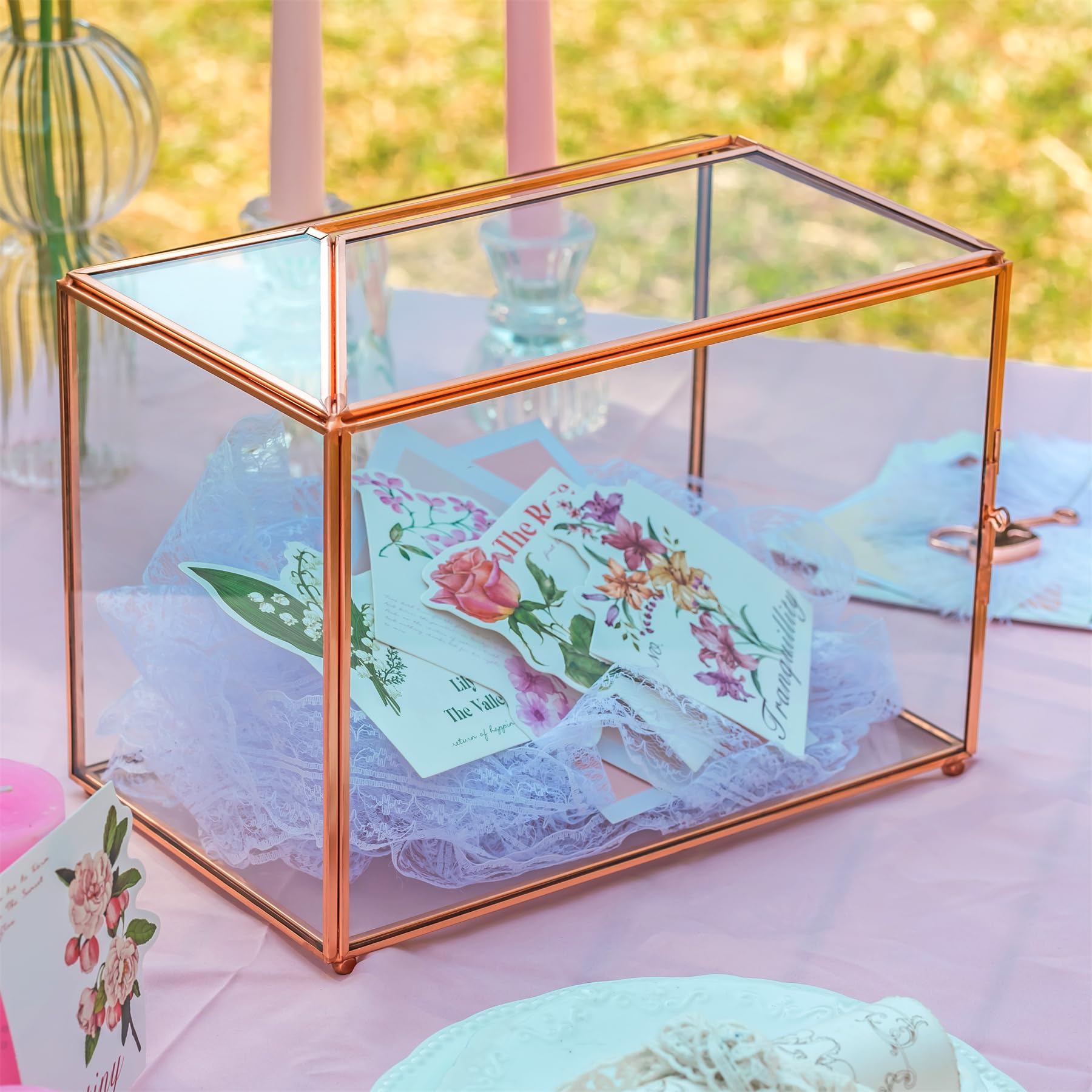 NCYP Rose Gold Geometric Glass Wedding Card Box with Lock – 26cm
