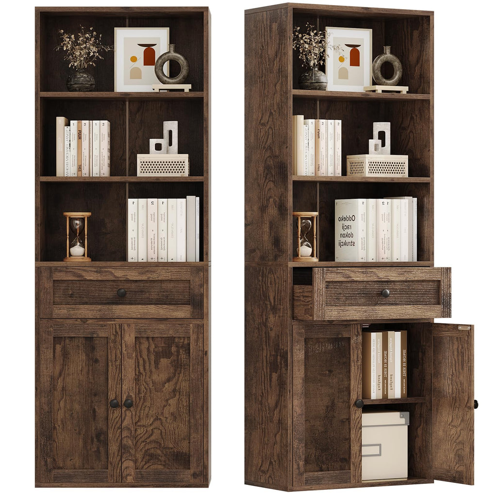Coleshome 5-Tier Bookcase With Doors and Drawer, 48 x 24 x 164.2 cm, Brown - image 1