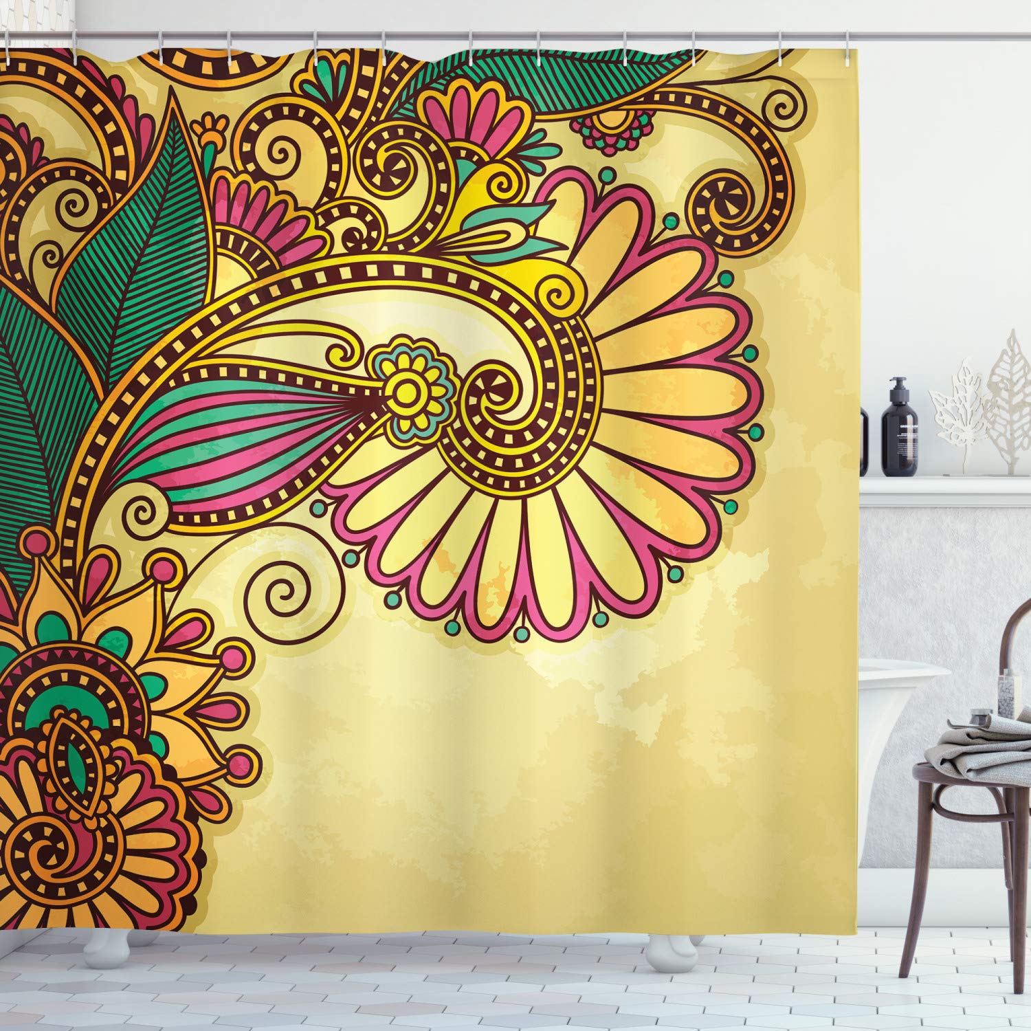ABAKUHAUS Paisley Floral Mandala Fabric Shower Curtain - Yellow, 69x78"