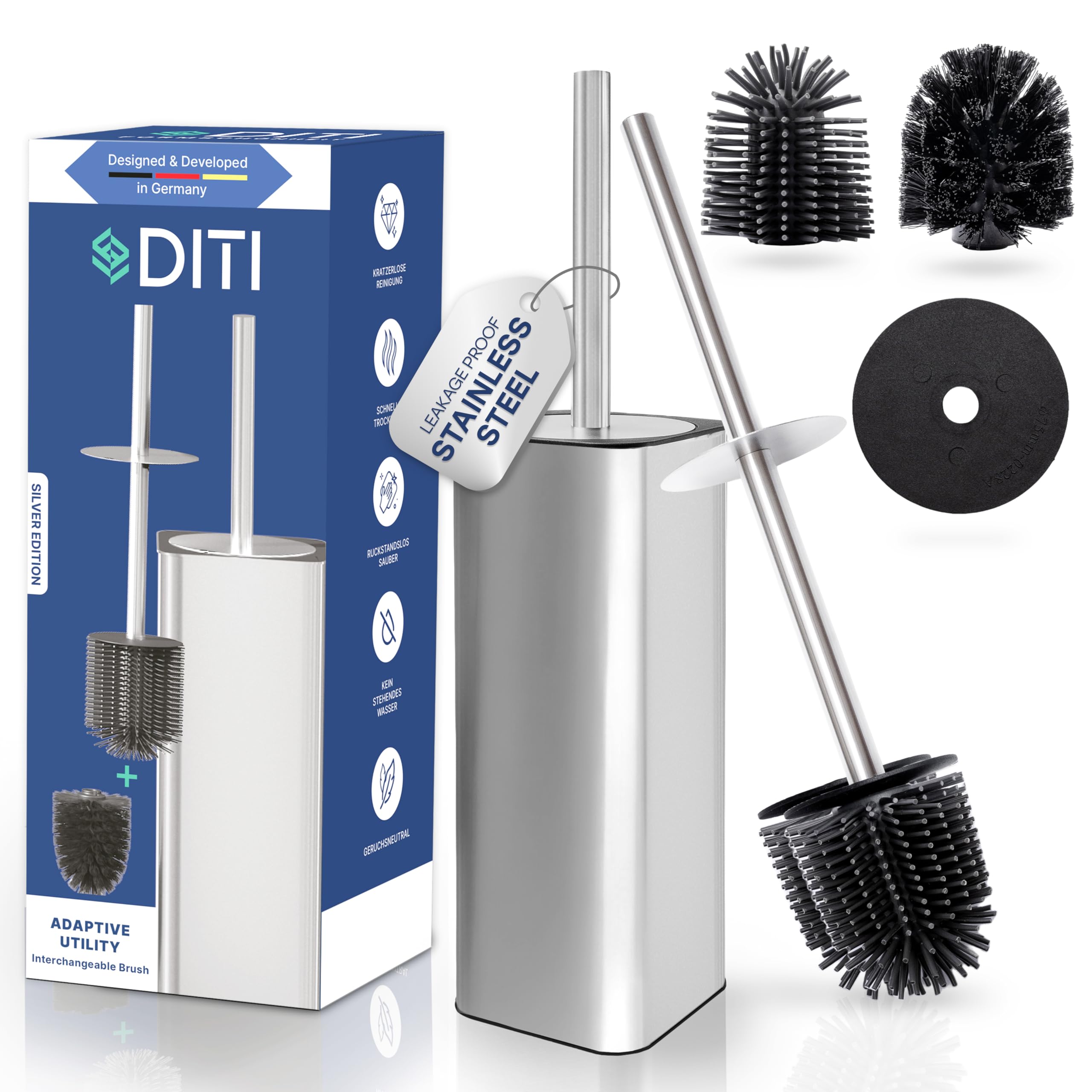 DITI Silicone Toilet Brush – Brushed Stainless Steel Square Holder, Silver