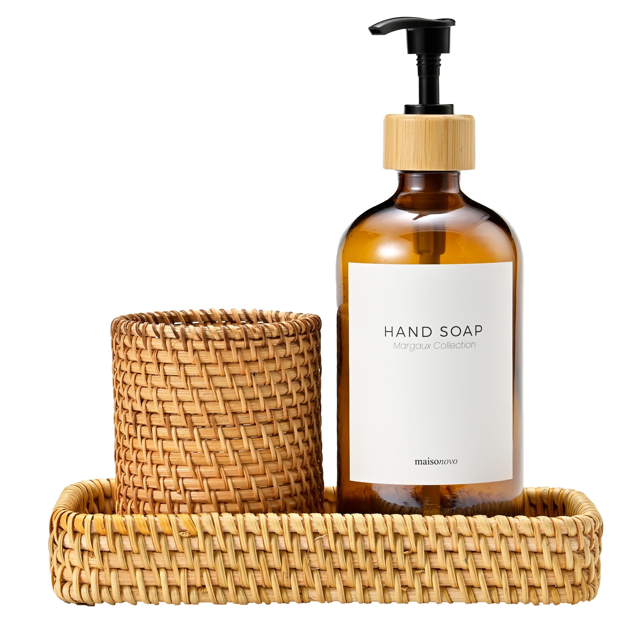 MaisoNovo Rattan Bathroom Set – 3-Piece Amber Dispenser & Vanity Tray
