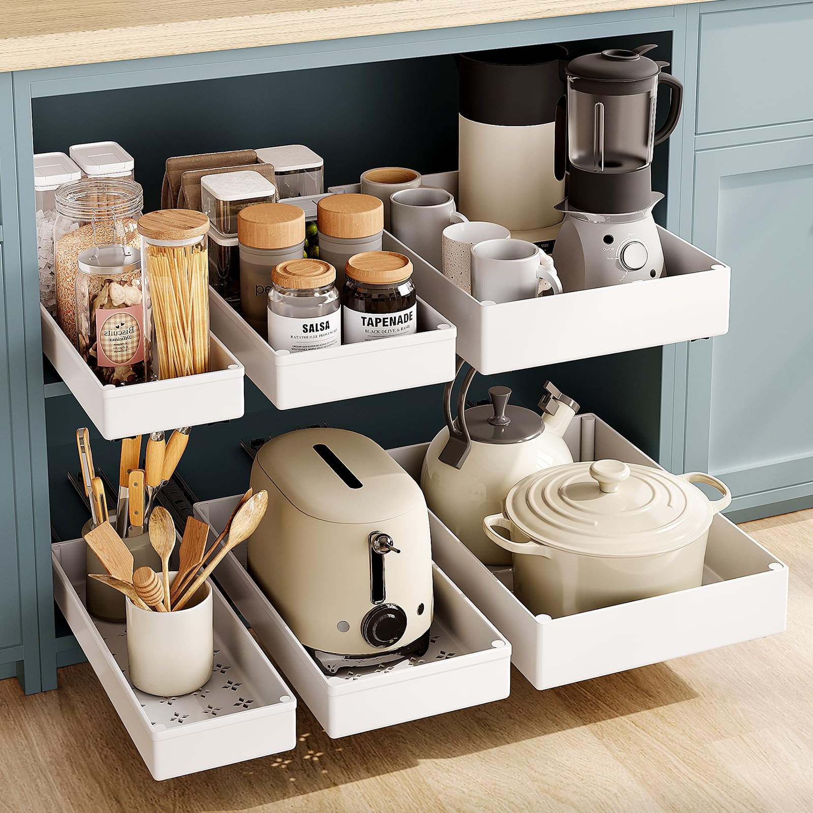 SOLEDI 3 Pack Pull Out Cabinet Organizer – Cream White Sliding Drawers