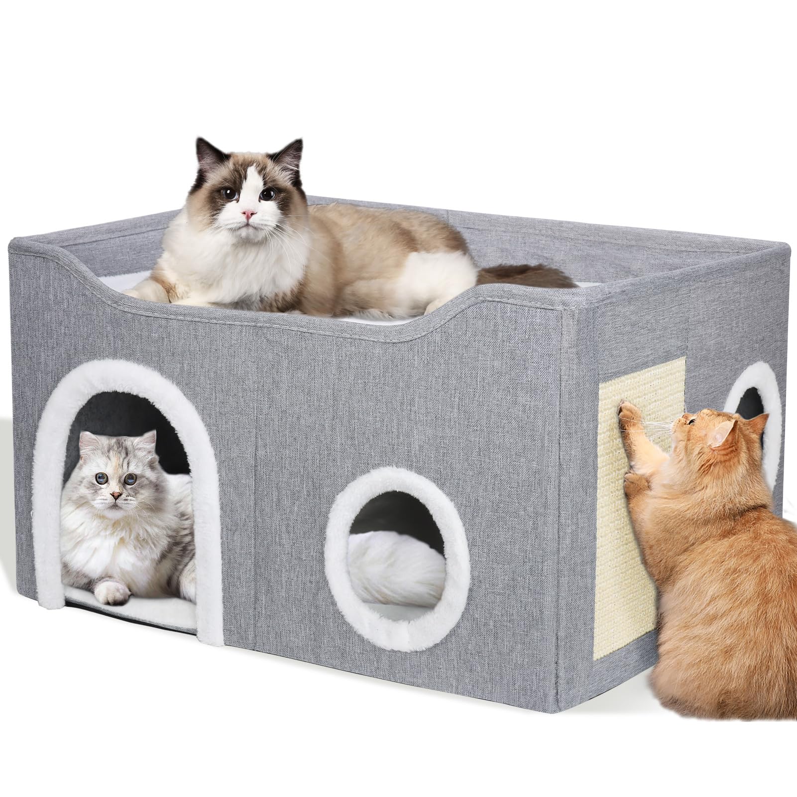 GDGZT Foldable Cat House – Large 2-Level Indoor Cat Cave with Scratcher