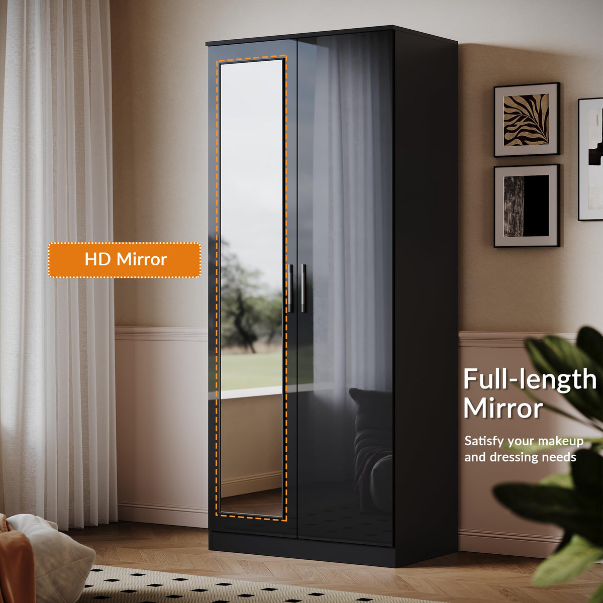ELEGANT High Gloss Wardrobe with Mirror, Soft Close Hinge Mirrored Wardrobe