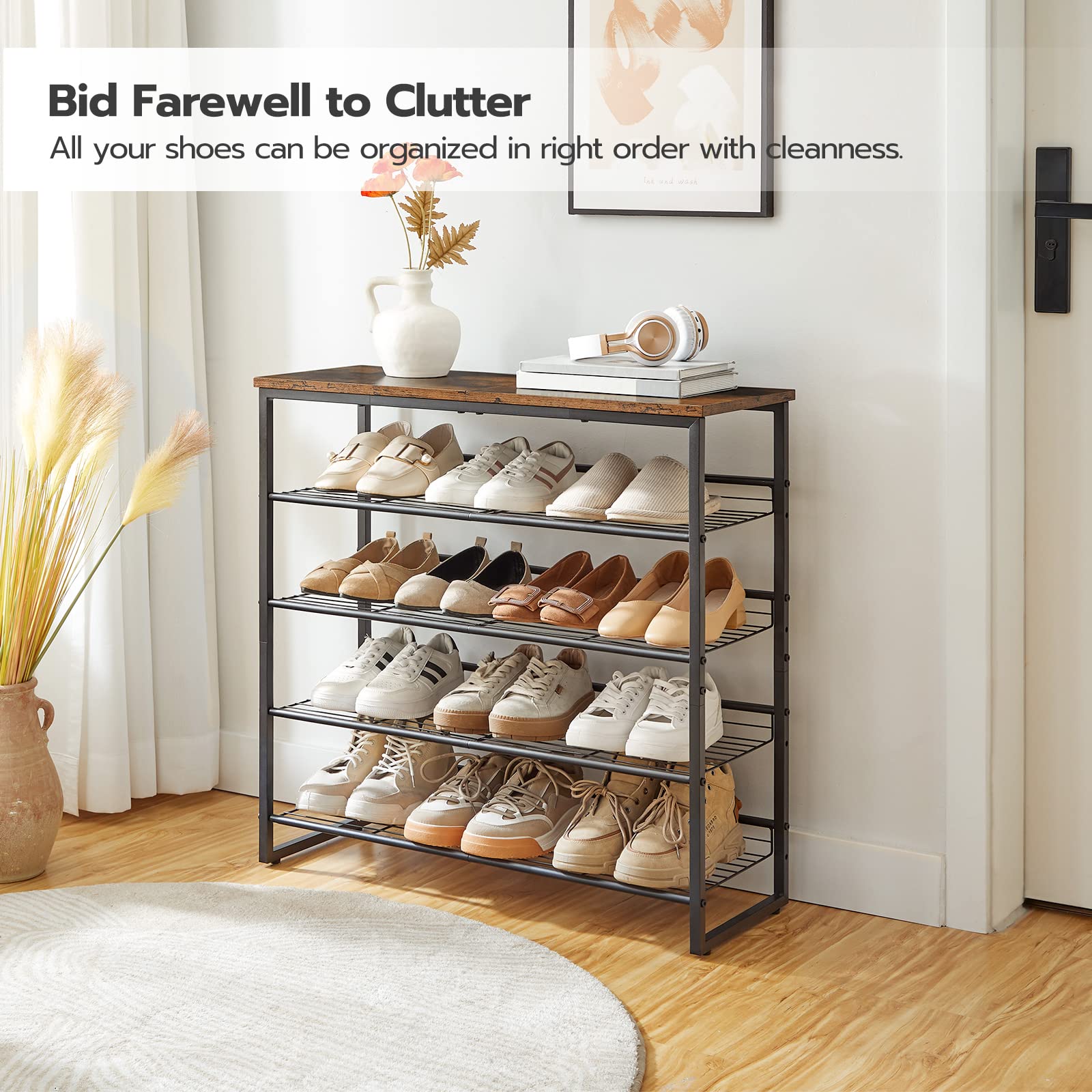 HOOBRO 5-Tier Shoe Rack – Industrial Metal Storage Shelf for 20 Pairs