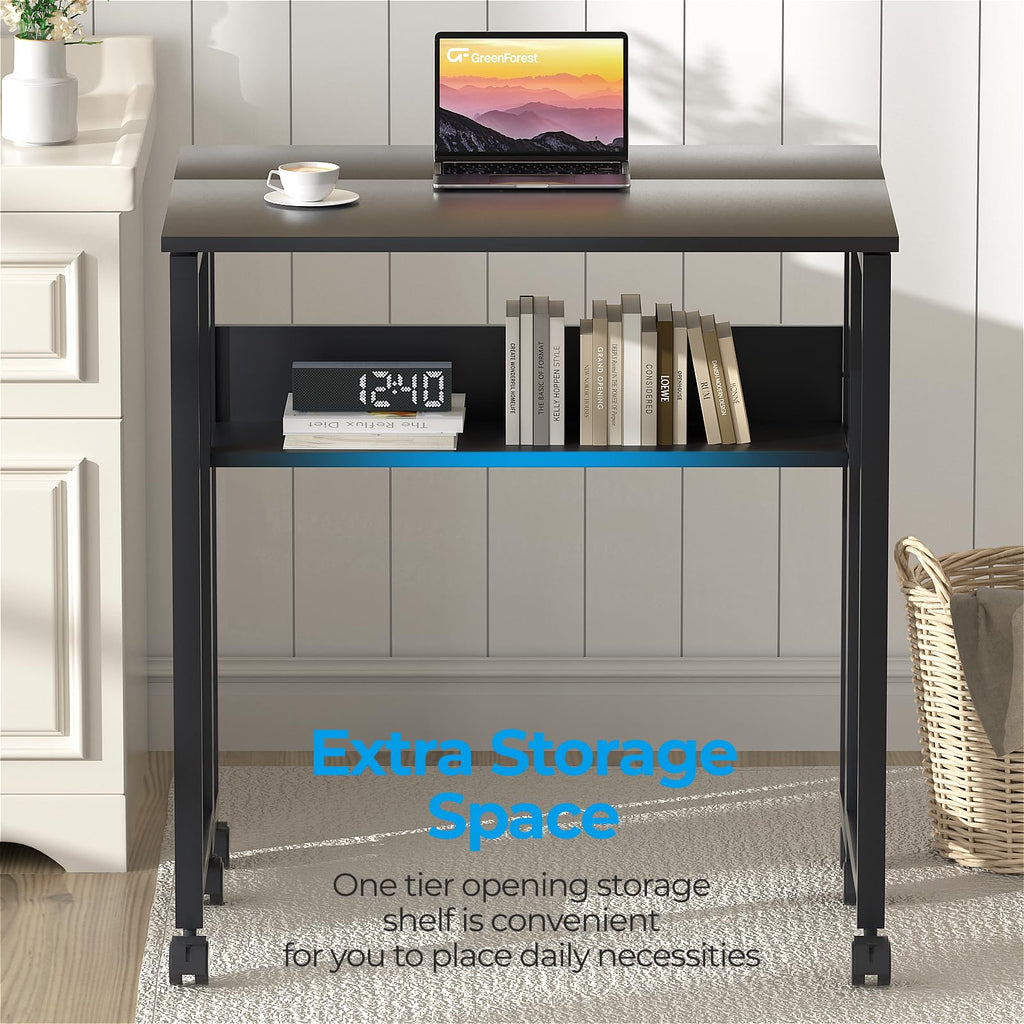GreenForest Small Folding Desk with Storage Shelf - Rolling Computer Desk