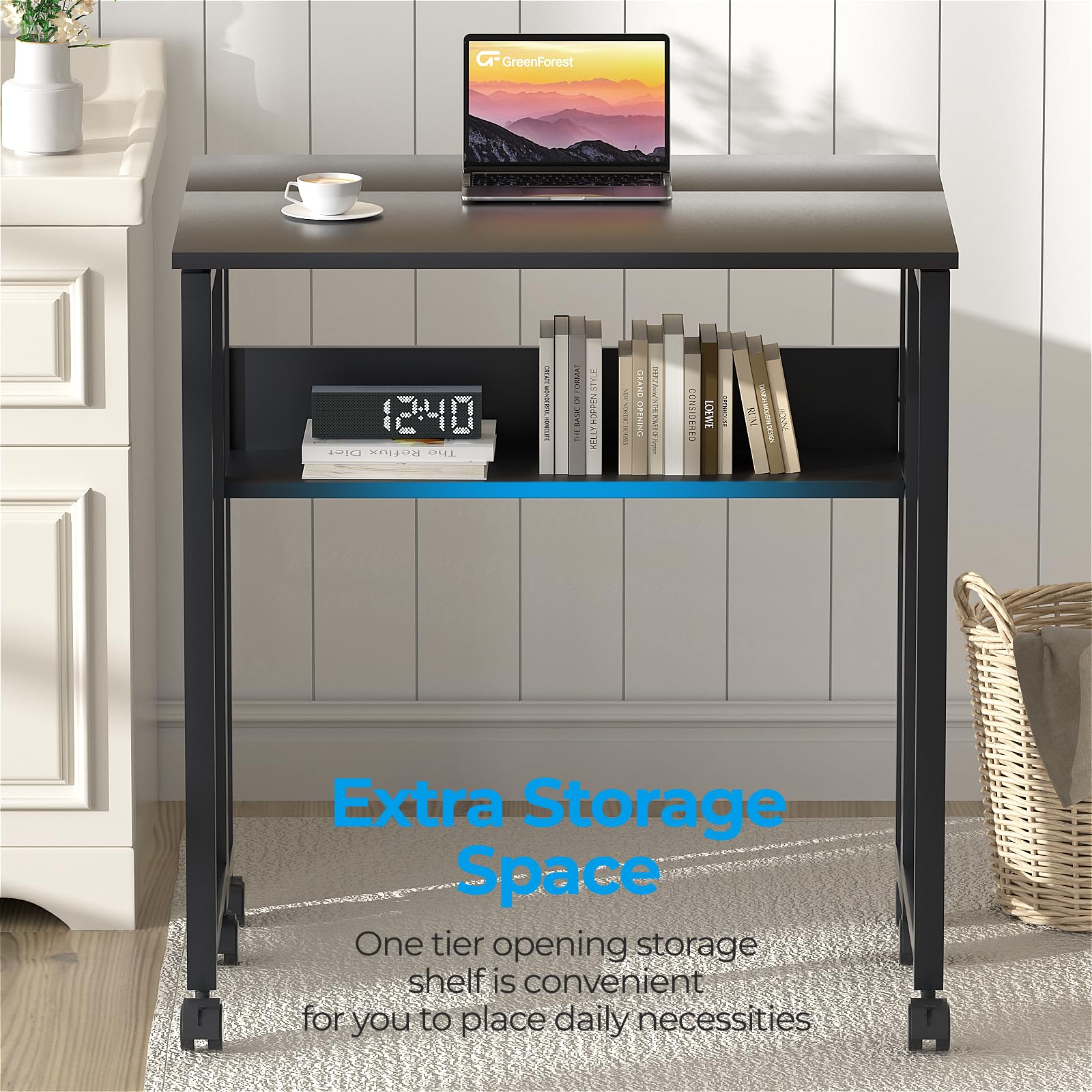 GreenForest Small Folding Desk with Storage Shelf - Rolling Computer Desk