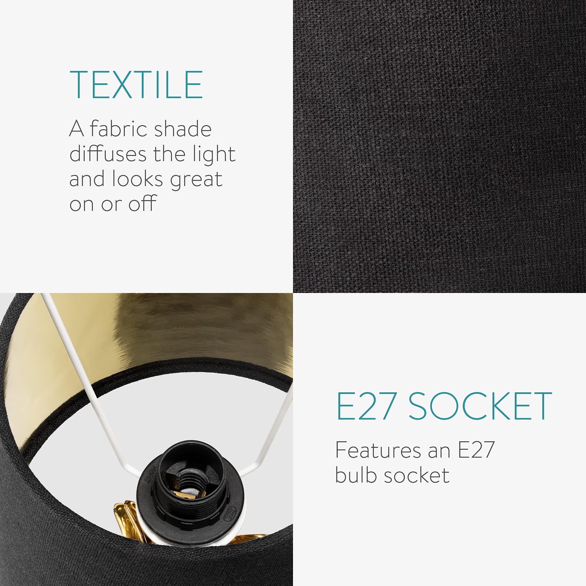 Navaris Black Linen Lampshades with Gold Lining – Set of 2 for E27
