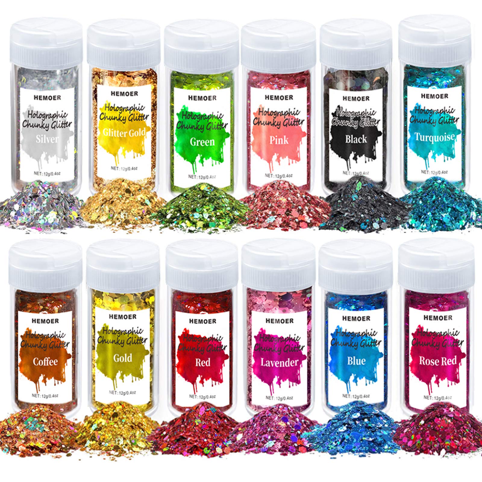 HEMOER 12 Colors Holographic Chunky Glitter – 144g Cosmetic Grade Sequins