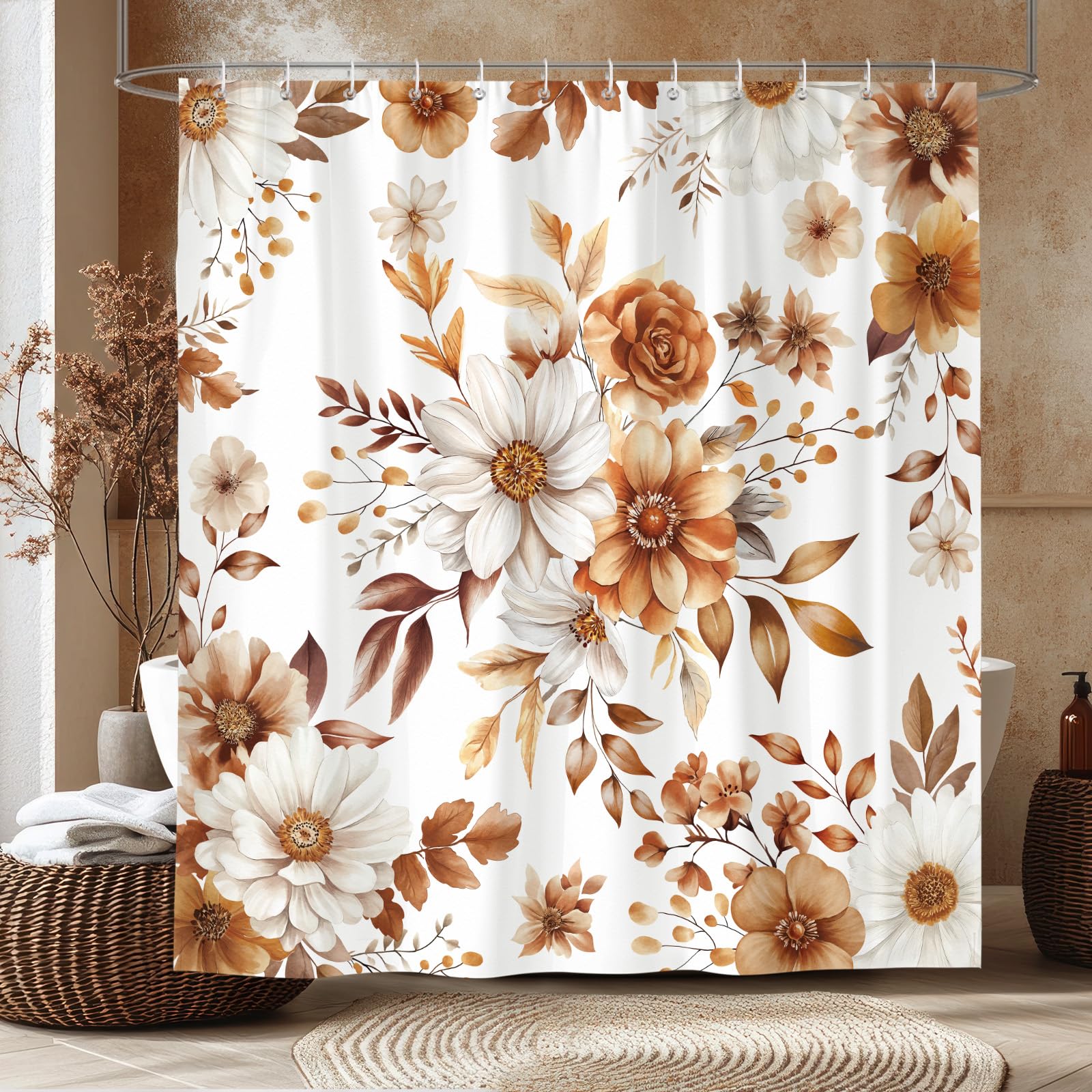 Floral Shower Curtain – Vintage Brown & White Waterproof Fabric
