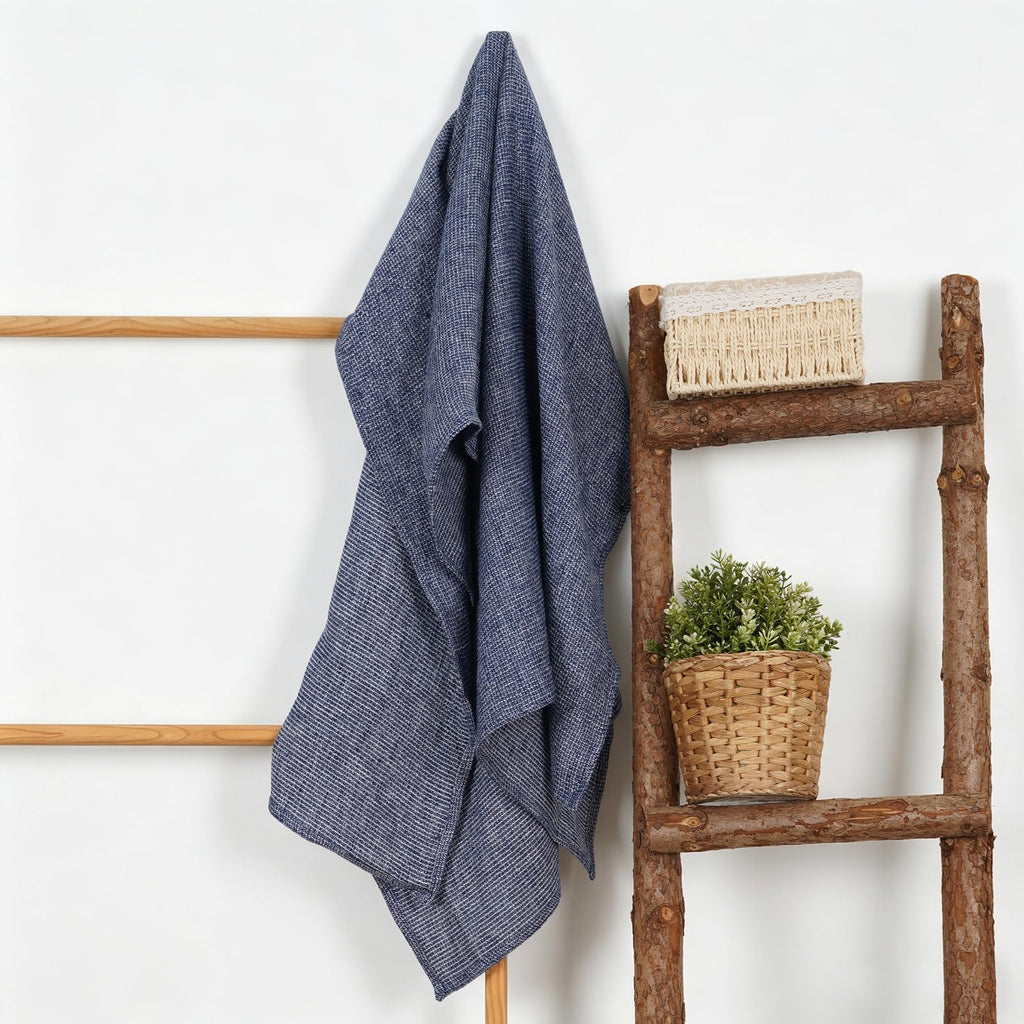 HSOFTIFY 100% Pure Linen Waffle Weave Bath Towel with Hanging Loop, Blue - image 3
