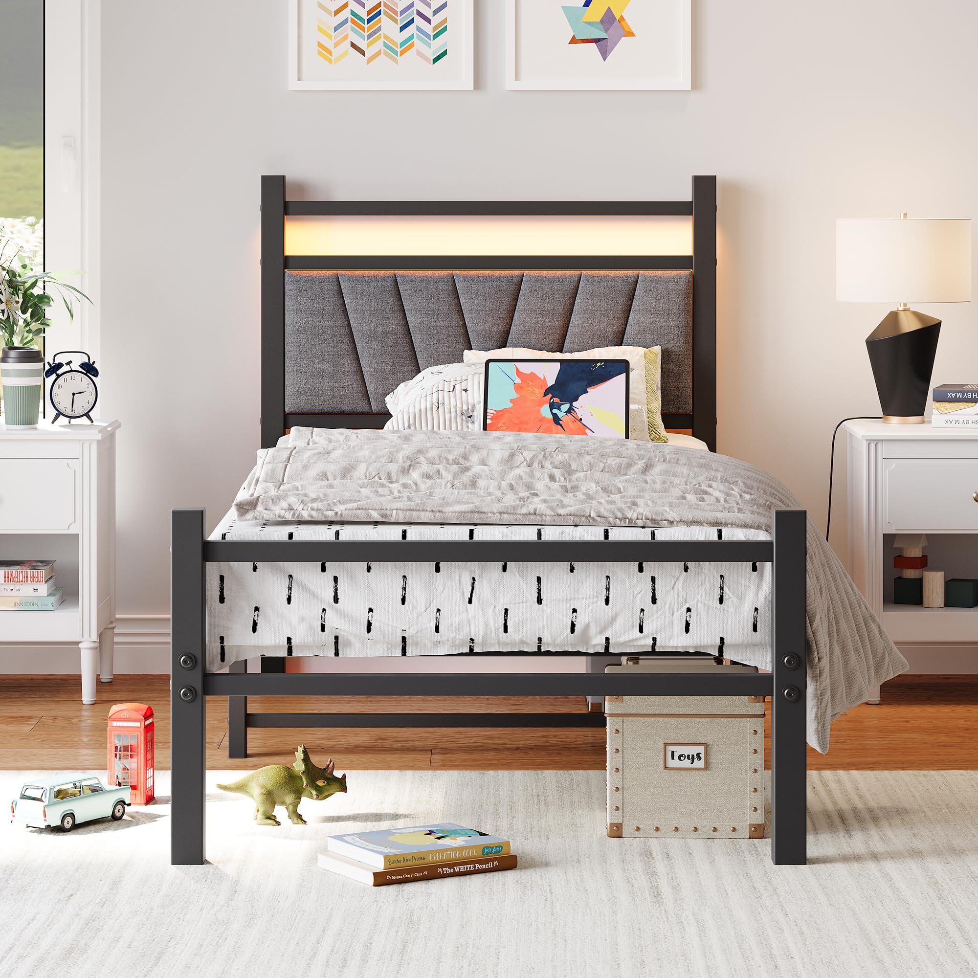 FOUBAM 3FT Single Bed Frame | Upholstered Metal Platform with LED & USB
