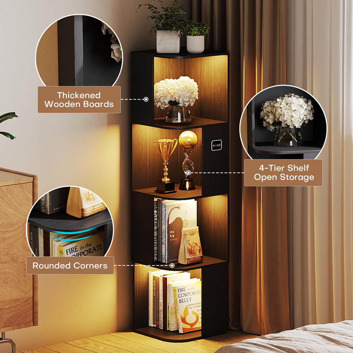 55.1 " Corner Wood Bookcase with Body Sensor LED for Home Office,Black - image 5