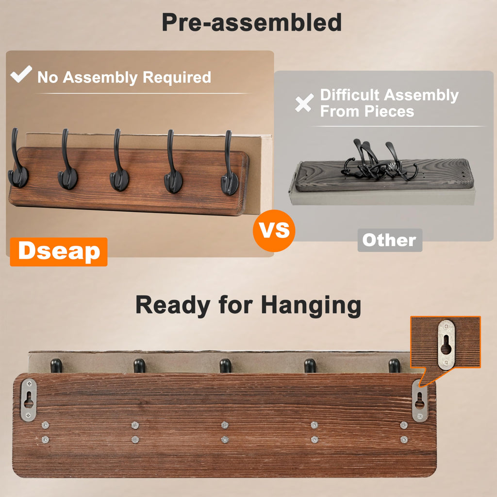 Dseap Coat Rack Wall: Patented, Heavy-Duty, 5-Double-Hooks Wooden Wall Mounted Coat Rack Coat Hanger Hook Rail for Winter Coats Hat Jacket Clothing - image 3