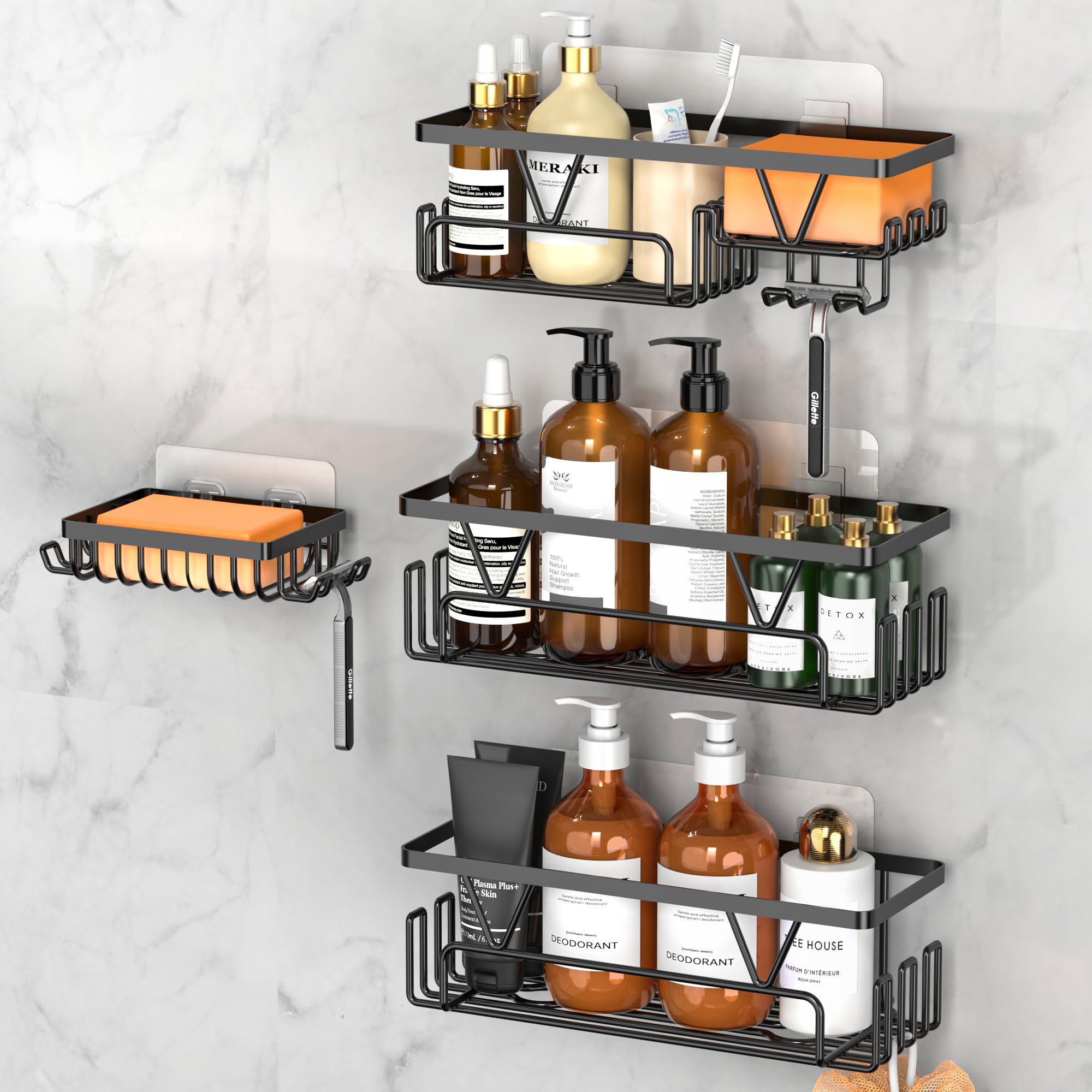 Kegii Shower Caddy Set | 4-Piece Black Stainless Steel Adhesive Shelf