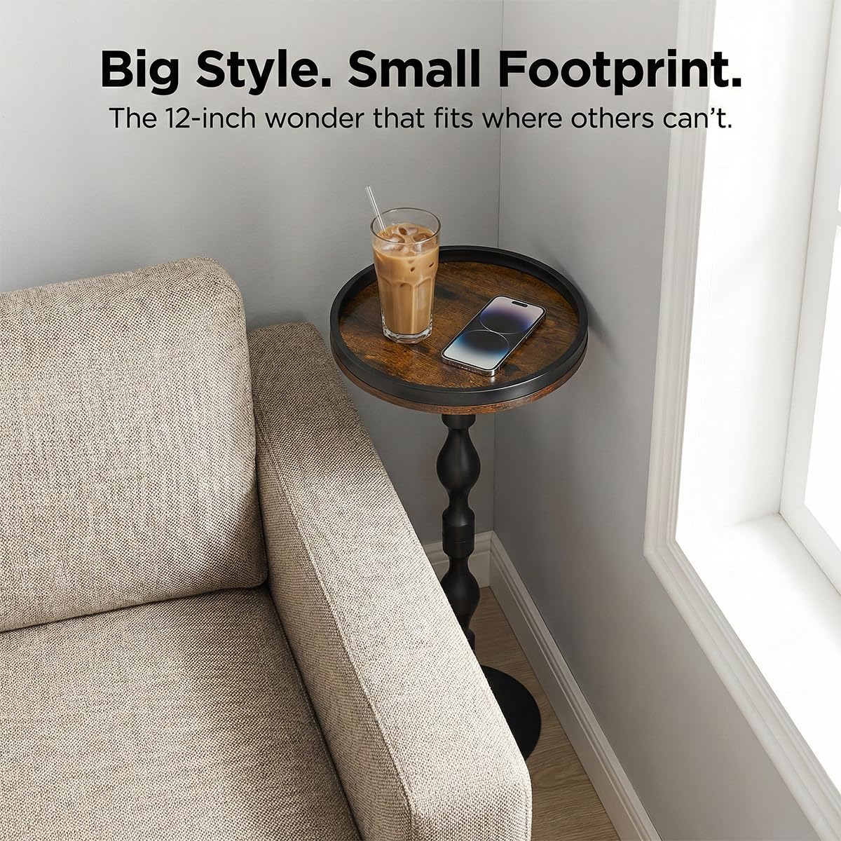 ZEXVIDA Industrial Round Side Table,Black Metal & Dark Wood Drinks Table with Tray Top, Rustic Martini End Table for Living Room - image 4