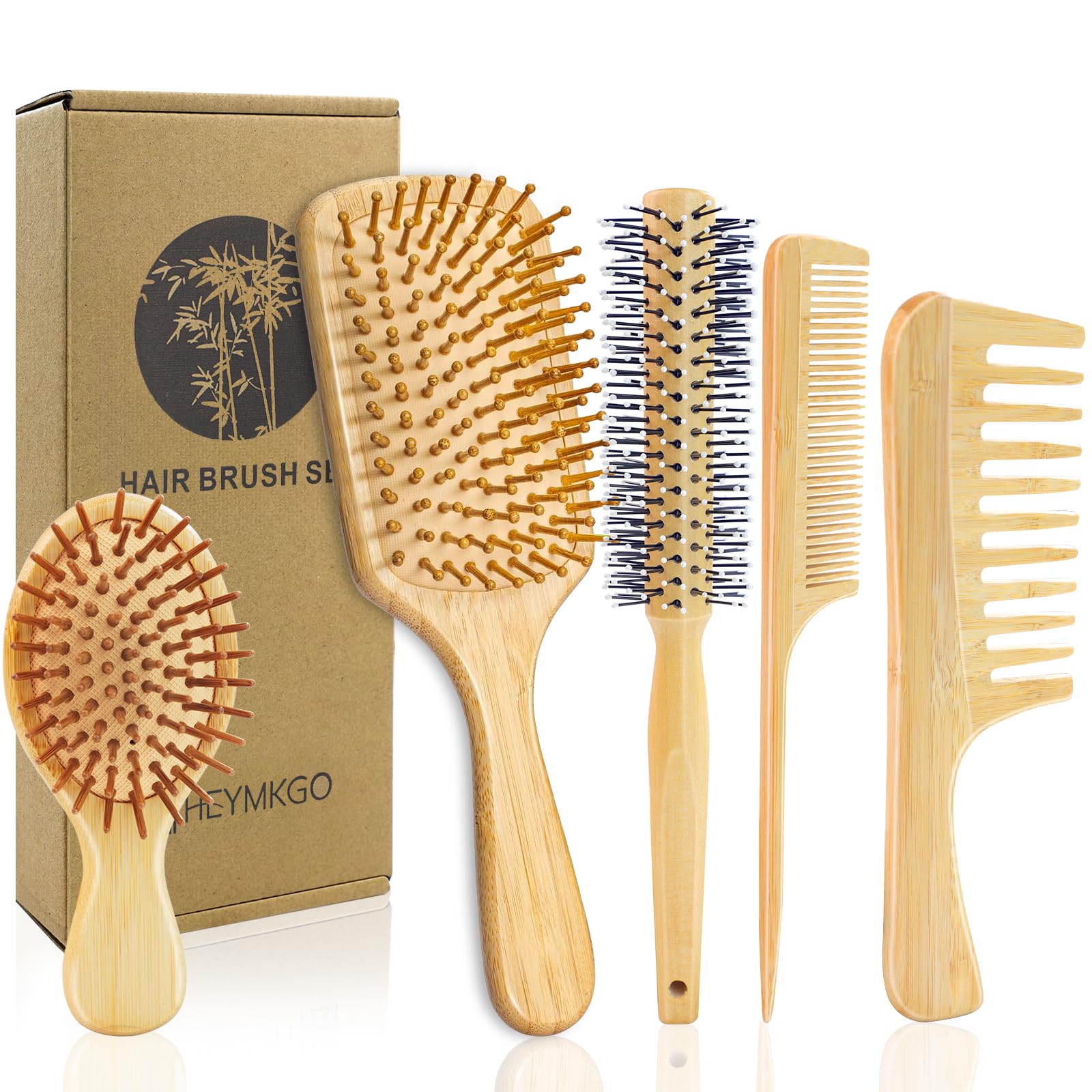 HEYMKGO 5-Piece Bamboo Hair Brush Set | Eco-Friendly Scalp Massage Tools
