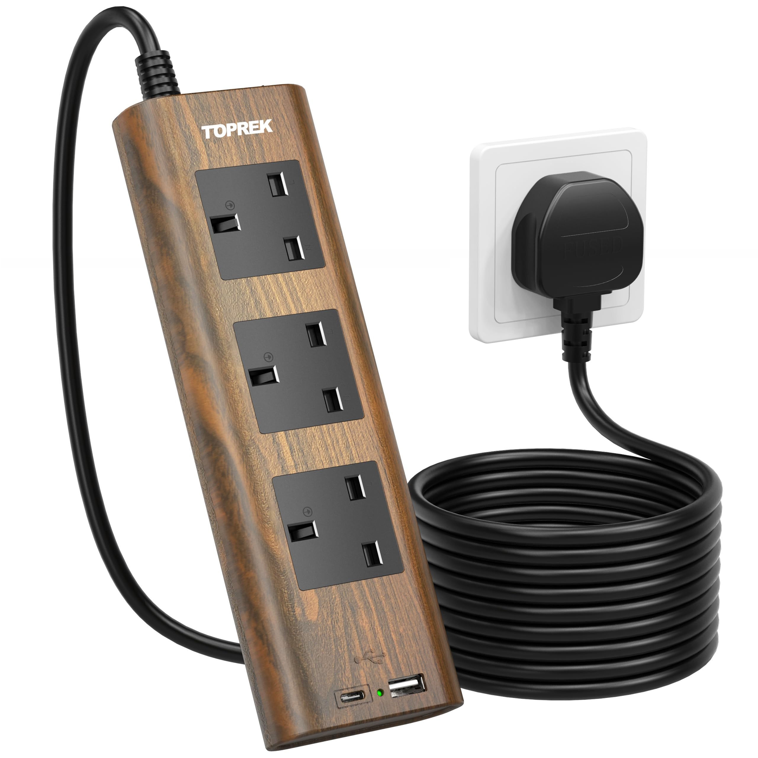 TOPREK Wood Grain 3-Way Extension Lead with USB & Surge Protection