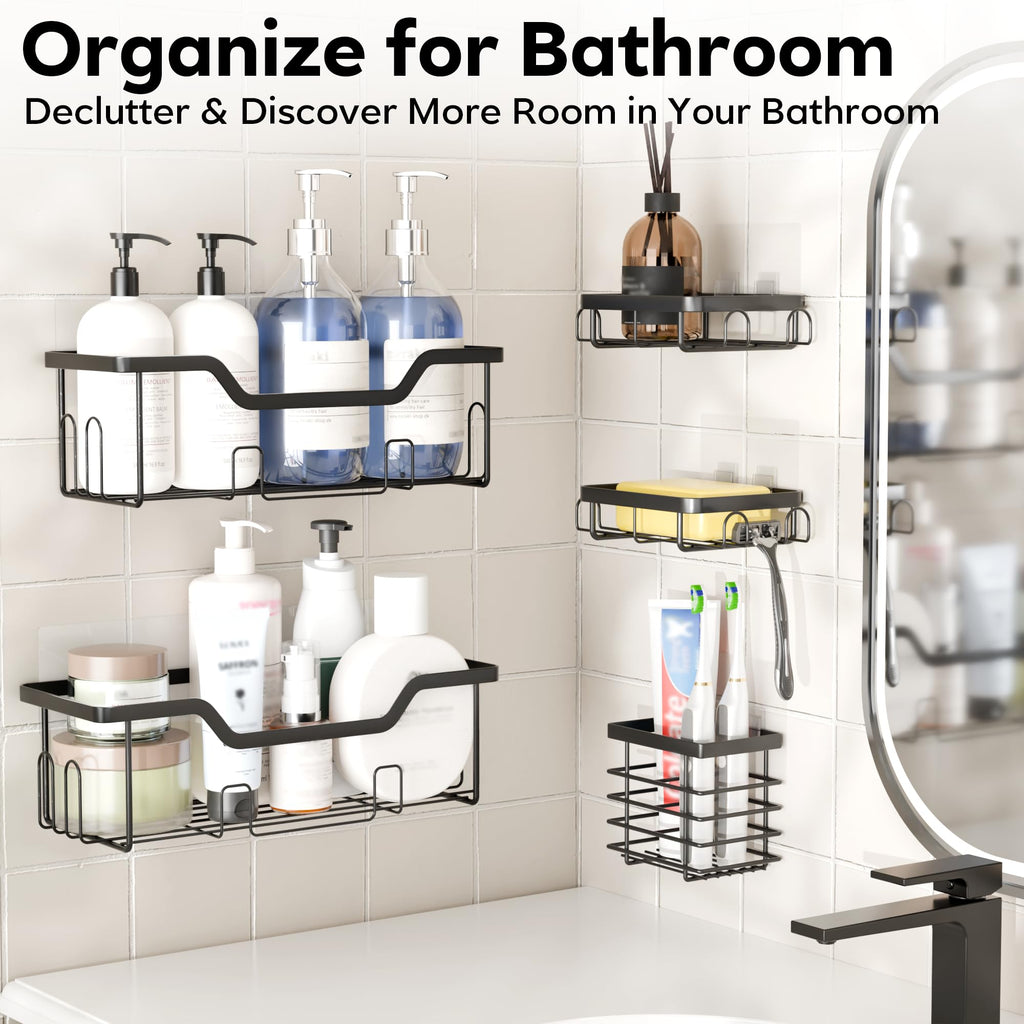 Cubbiesavor Shower Caddy 5 Pack, Stainless Steel Shower Shelf No Drilling with Toothbrush, Razor and Soap Holder Set, Black Bathroom Accessories - image 4