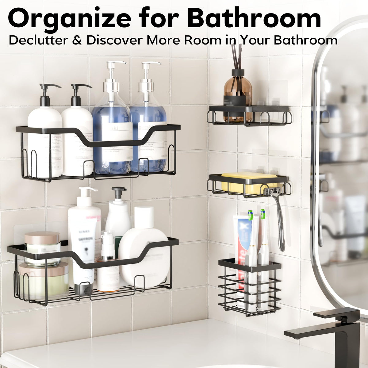 Cubbiesavor Shower Caddy 5 Pack, Stainless Steel Shower Shelf No Drilling with Toothbrush, Razor and Soap Holder Set, Black Bathroom Accessories - image 4