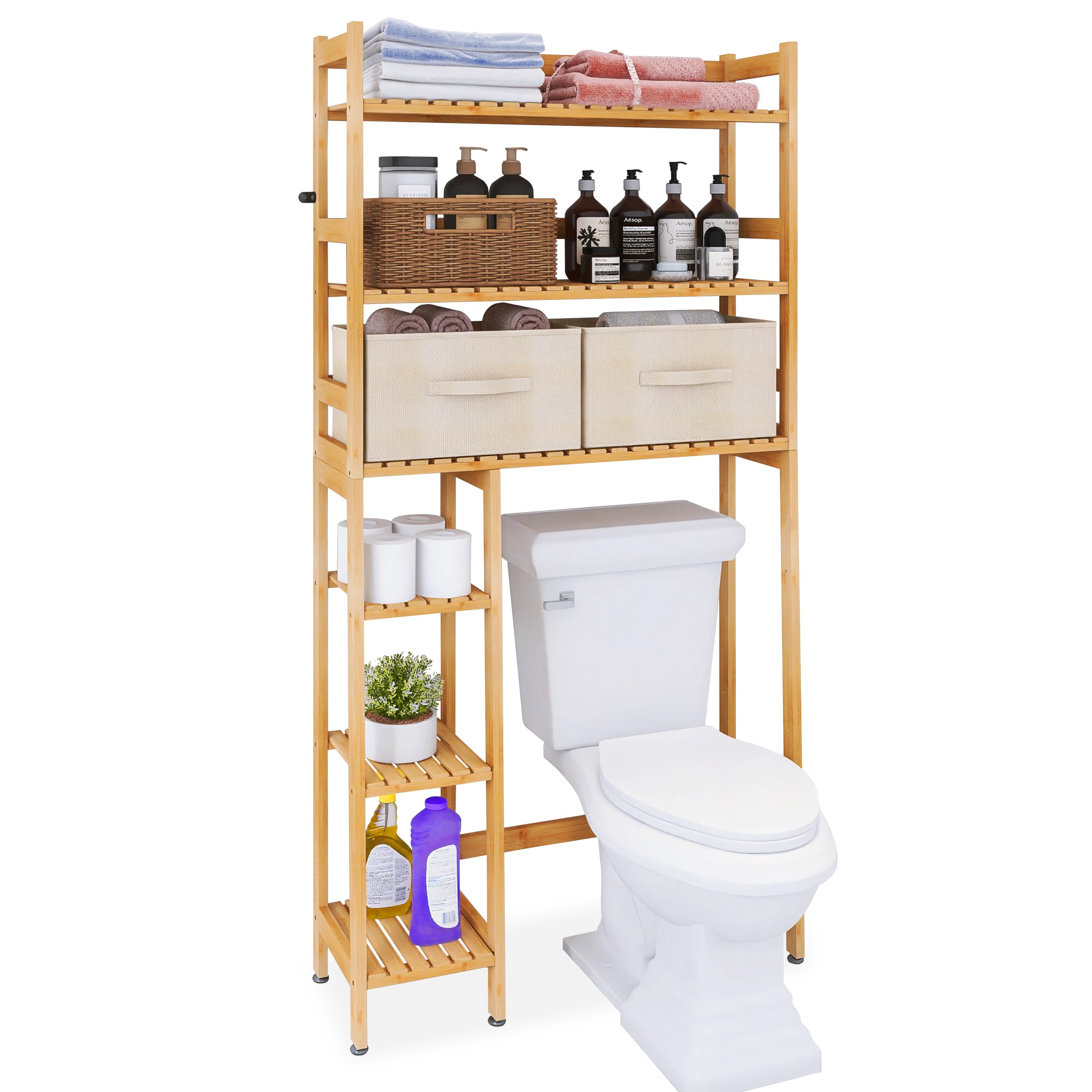 SMIBUY Bamboo 6-Tier Over The Toilet Storage Shelf with Drawers