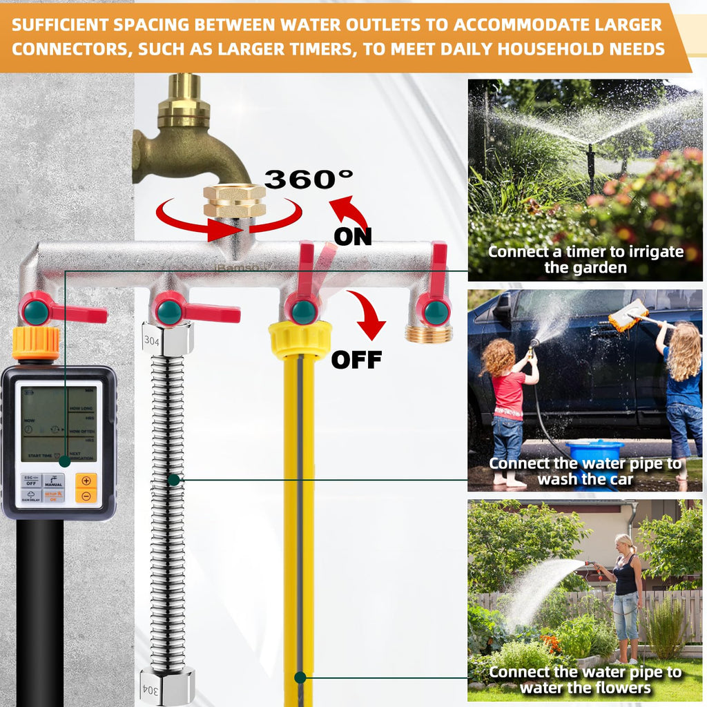 iBamso 4-Way Brass Garden Hose Splitter | 3/4 Inch Heavy Duty Tap Adapter